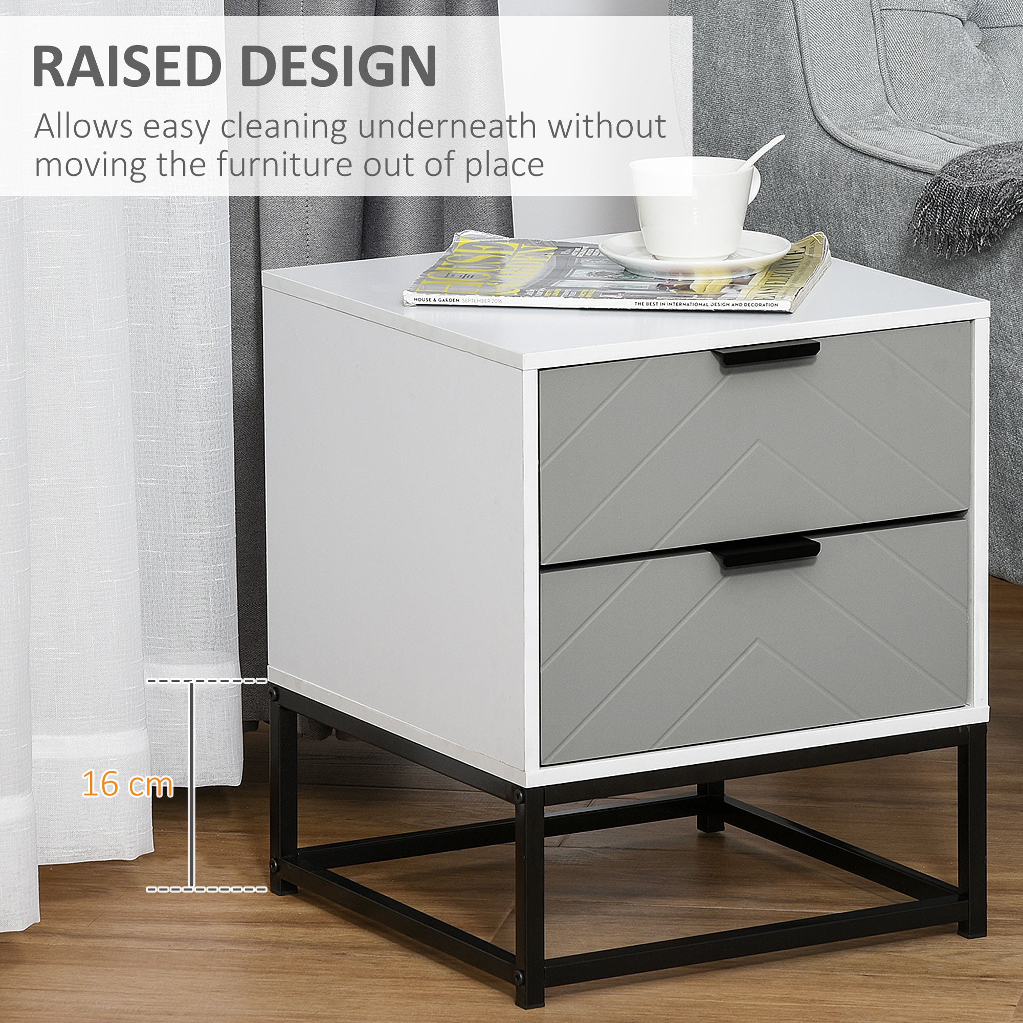 Kozy Bedside Cabinet with 2 Drawer Storage Unit, Unique Shape Bedroom Table Nightstand with Metal Base, for Living Room, Study Room, Dorm