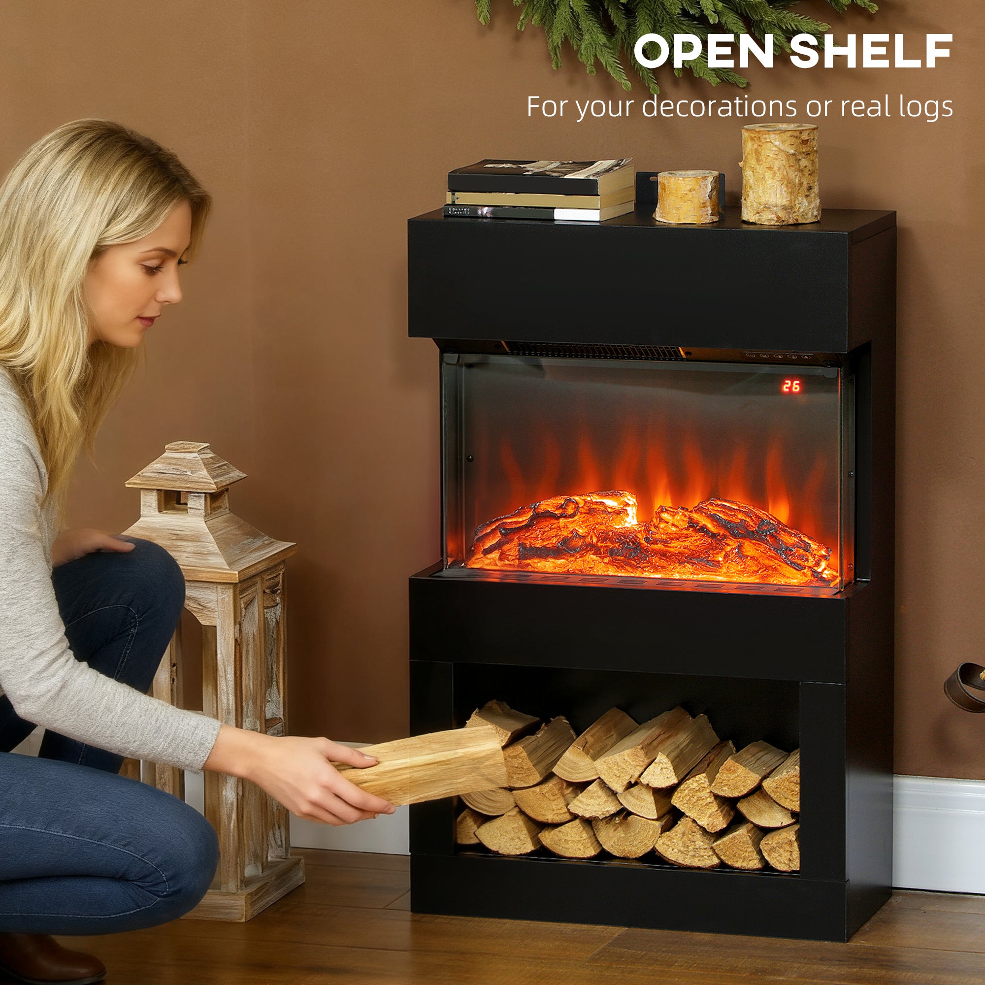 Kozy - Electric Fireplace with 3D Flame Effect, 6 Colours & 3 Brightness Levels, 1000W/2000W Black Electric Fire and Mantel Reach up to 30㎡ Space with Remote & Timer, 3 Sided View for Living Room