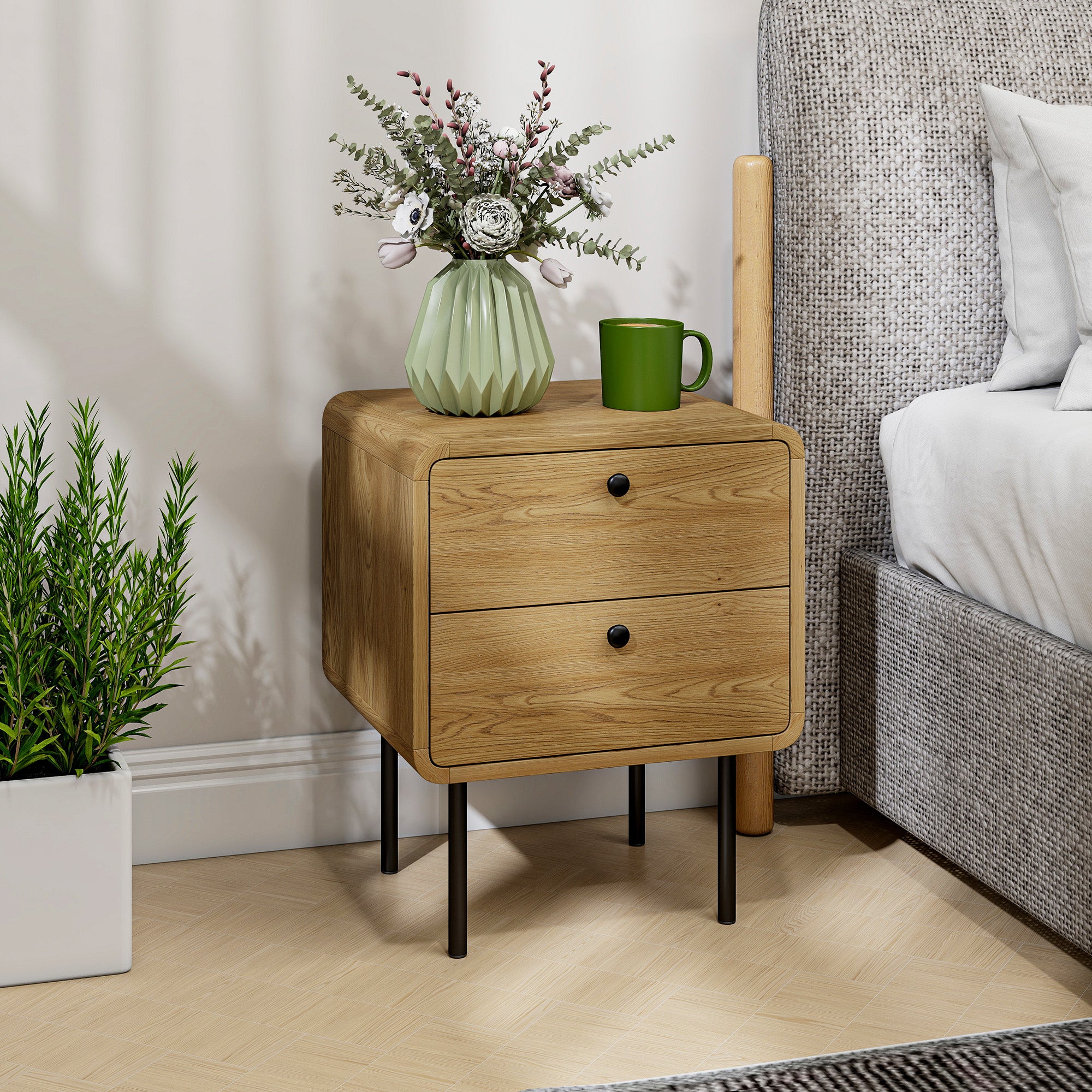 Kozy Bedside Table with 2 Drawers and Steel Legs - Oak