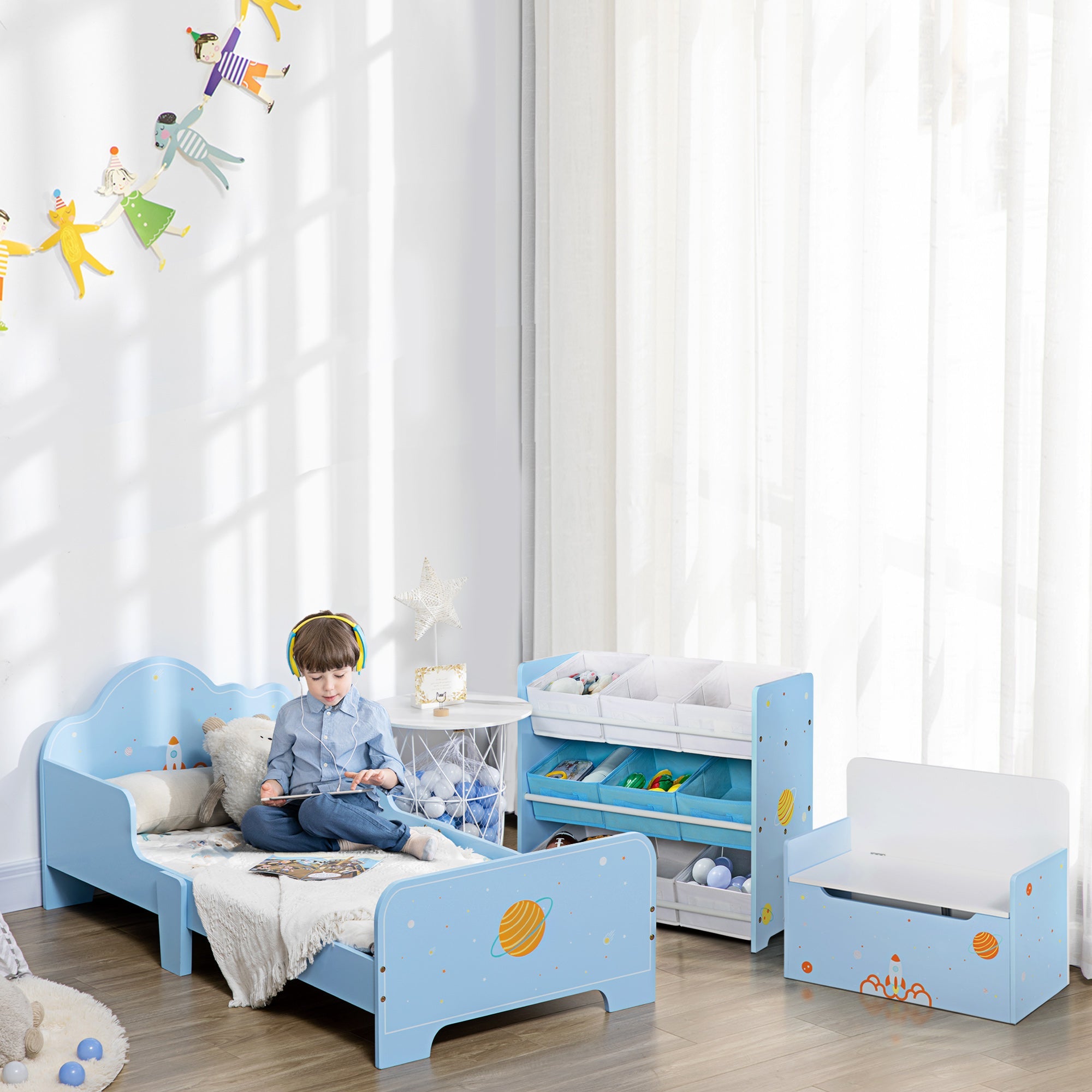 ZONEKIZ Toddler Bed with Rocket & Plants Patterns, Kids Bedroom Furniture, Safety Side Rails, Blue | Aosom UK