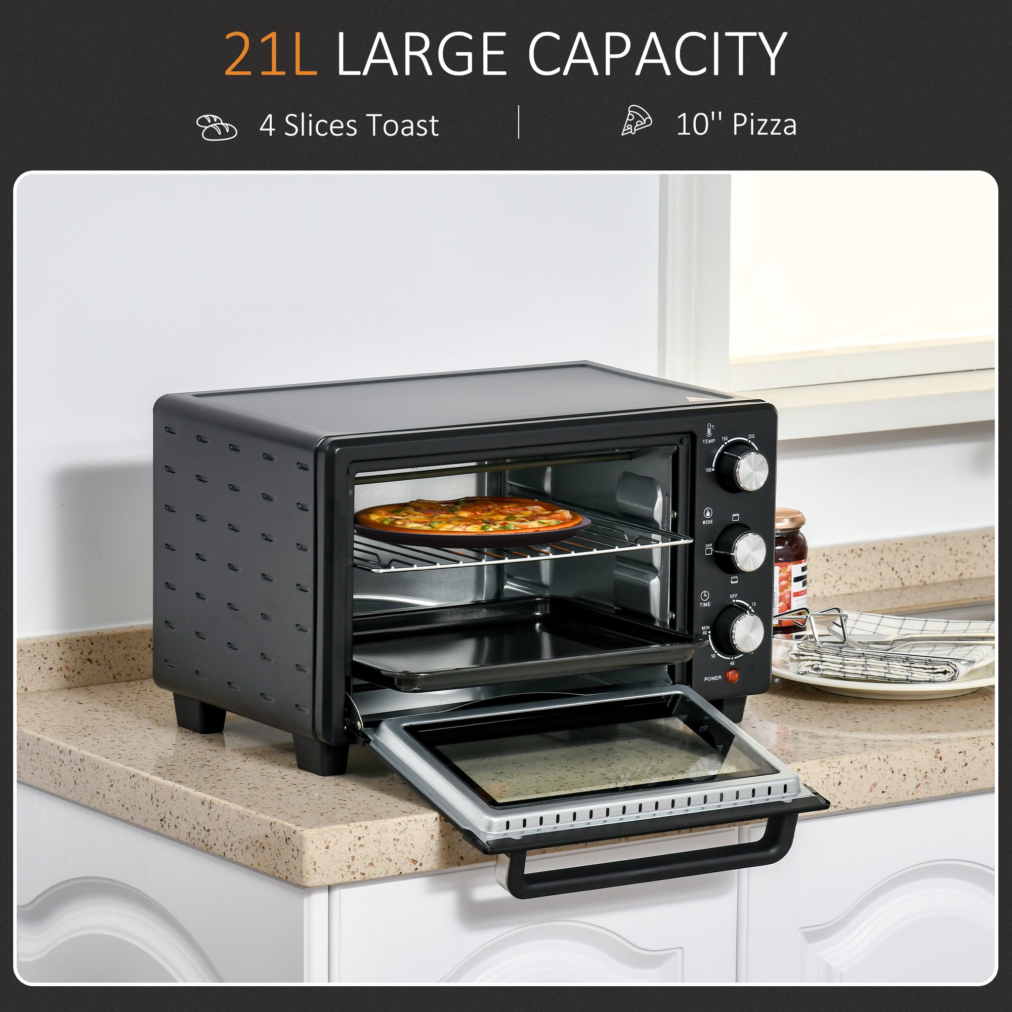 Kozy 21L Mini Countertop Oven, 100°C-230°C Adjustable Temp - Black