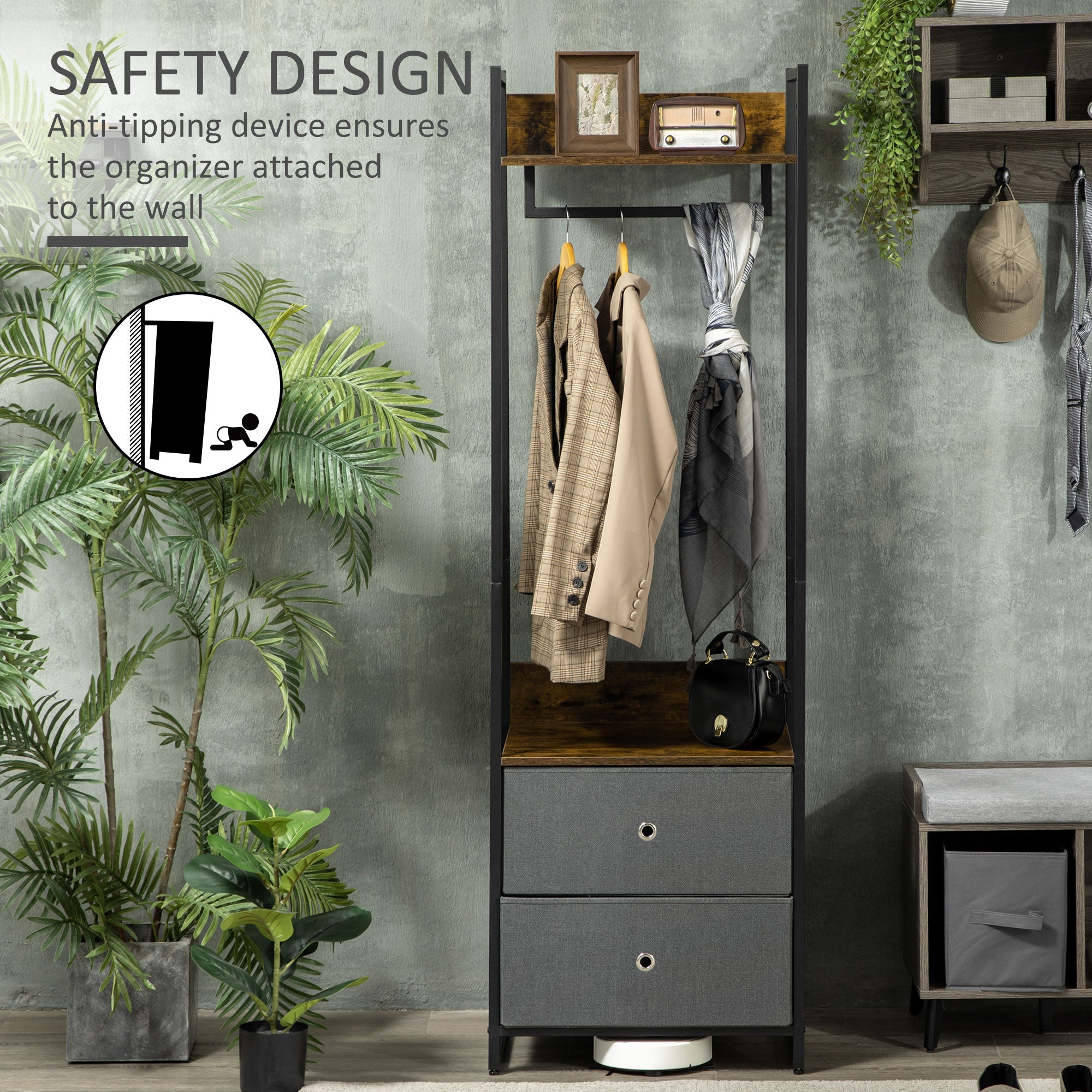 Kozy Clothes Rail, Metal Coat Stand, Garment Rack with 2 Fabric Storage Drawers, Single Wardrobe for Bedroom, Hallway, Rustic Brown and Grey