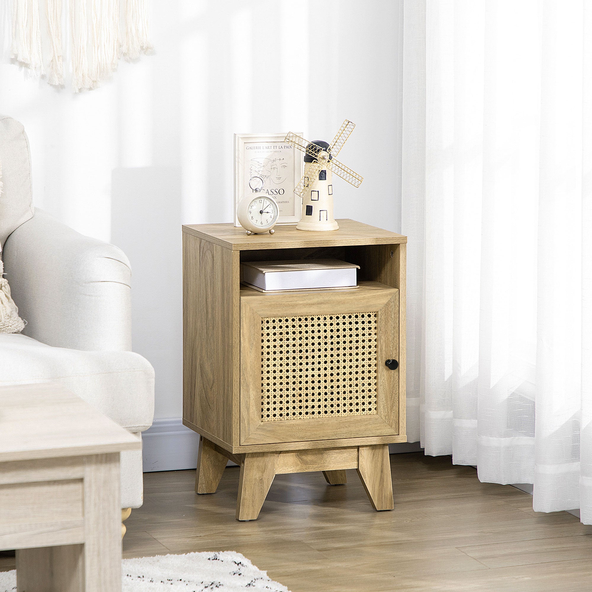 Kozy Narrow Rattan Nightstand, Side End Table with Shelf and Cupboard, 39cm x 35cm x 60cm, Natural
