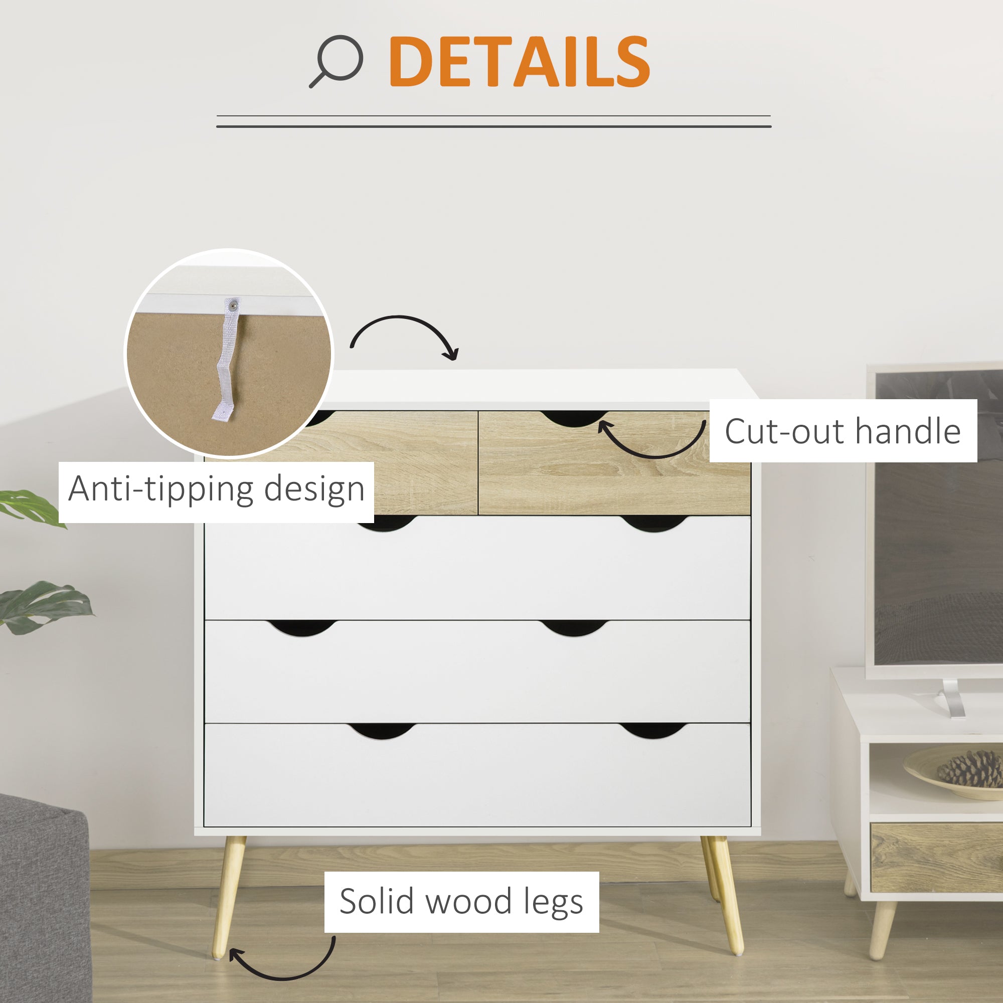 Kozy Nordic Style Chest of Drawers, 5 Drawer Dresser with 4 Tapered Legs and Groove Handles, Storage Organiser Side Cabinet for Bedroom, Living Room
