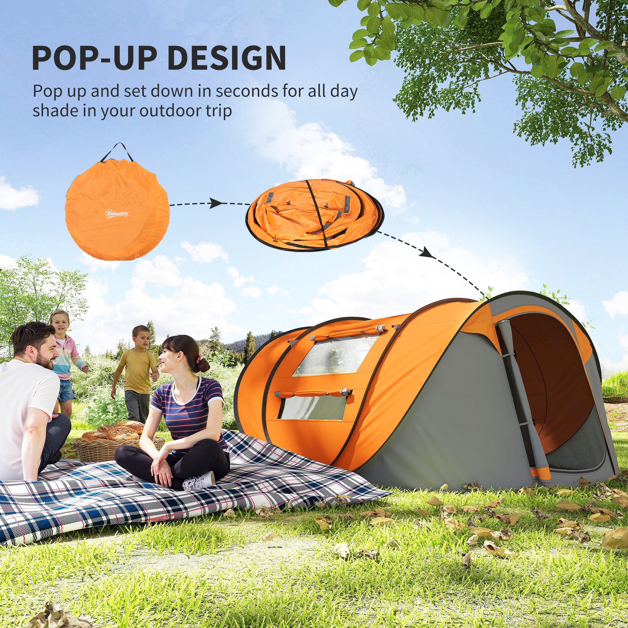 Kozy 4 Person Pop-up Camping Tent Family Tent with Ground Sheet, 4 Windows and Portable Carry Bag for Beach Outdoor Trip, Orange