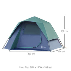 Outsunny Lightweight Camping Tent, 3/4 Person, Fibreglass Frame, Waterproof, Green