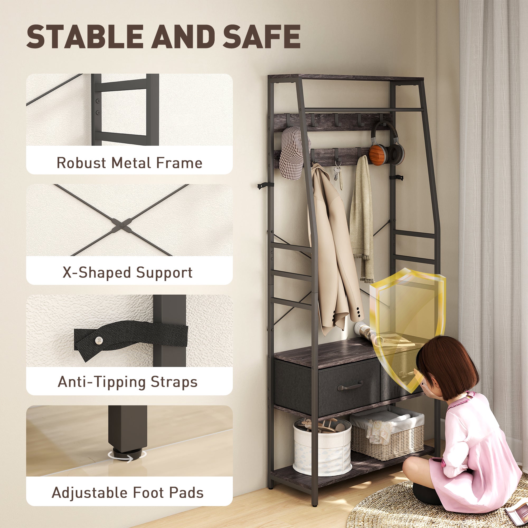 Kozy - Coat Rack with Shoe Storage, Hall Tree, Industrial Coat Stand with Shoe Bench, 10 Removable Hooks, 2 Fabric Drawers and Clothes Rail for Entryway, Hallway, Grey