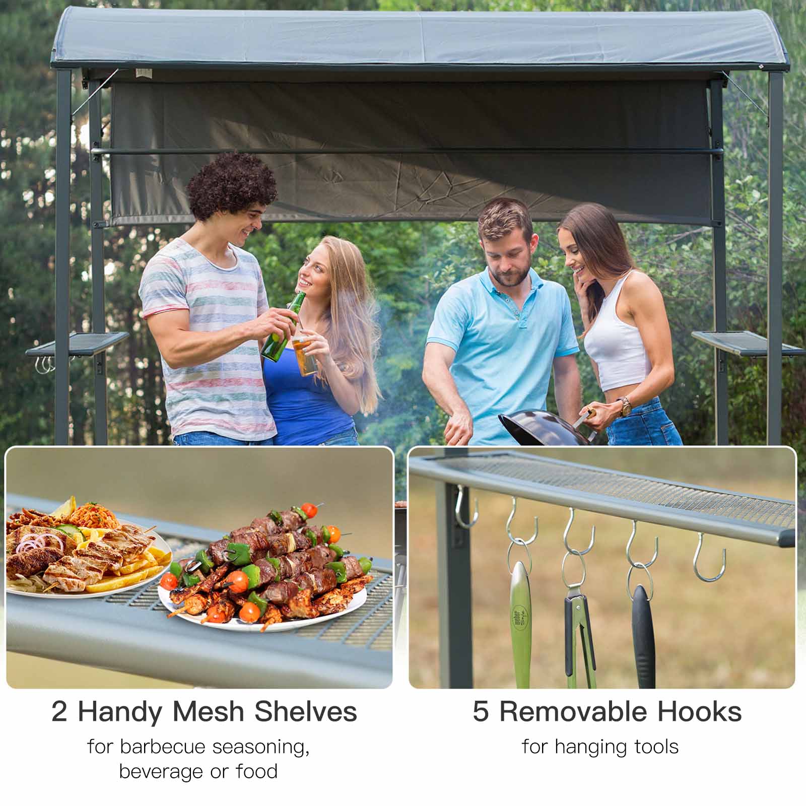 Kozy 2.2 x 1.4m BBQ Shelter, Outdoor Grill Gazebo Canopy with Shelves, Hanging Hooks, and Metal Frame, for Garden Patio Backyard