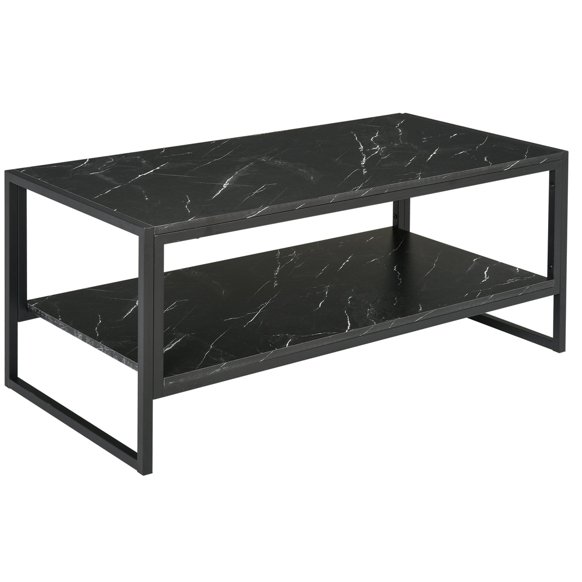 Kozy Coffee Table, Two-Tier Faux Marble Effect Centre Table with Metal Frame and Storage Shelf for Living Room, 106 x 50 x 45cm, Black
