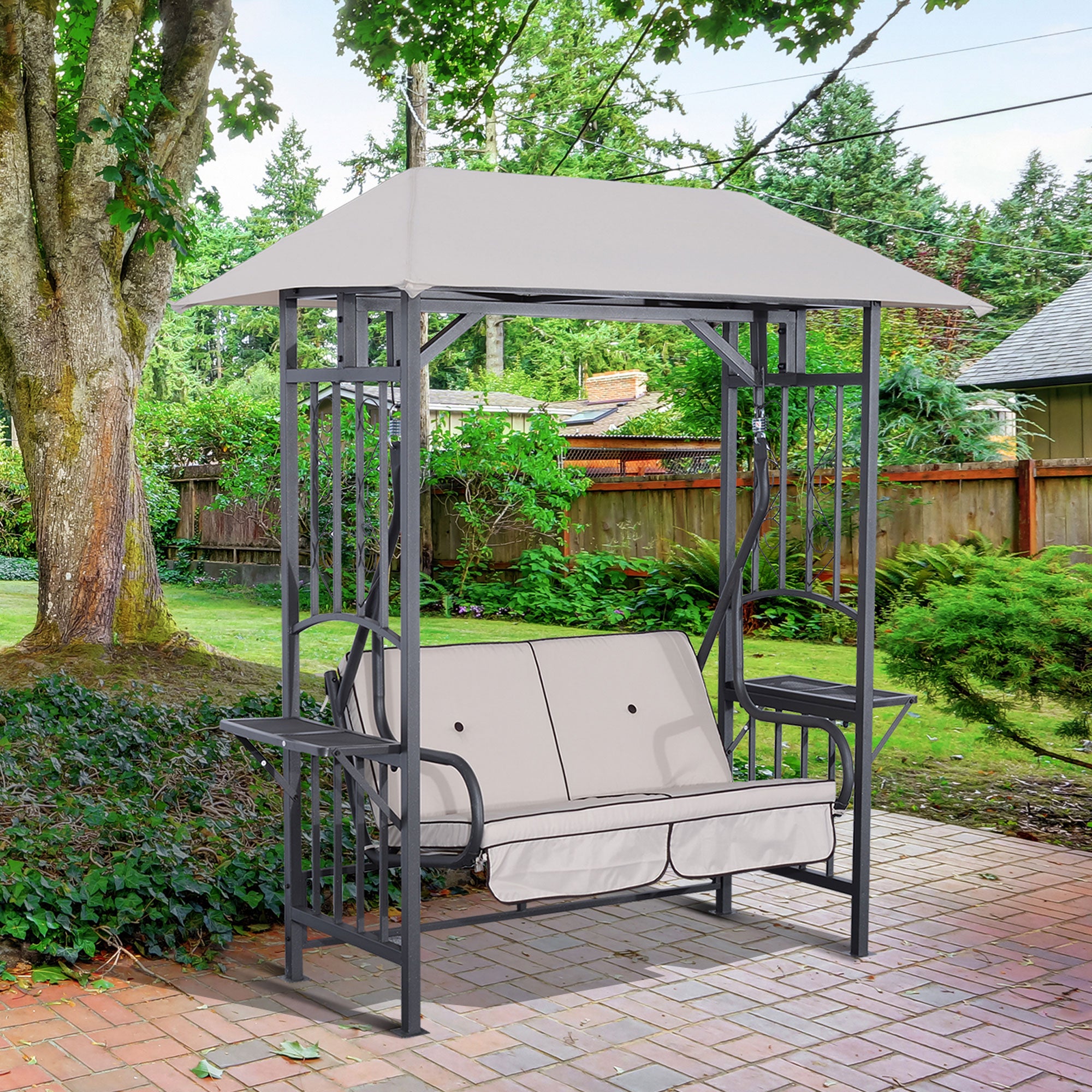 Kozy Outdoor Garden 2 Seater Canopy Swing Chair Seat Porch Loveseat Vintage Hammock Cushioned Seat w/ and Side Drink Panel