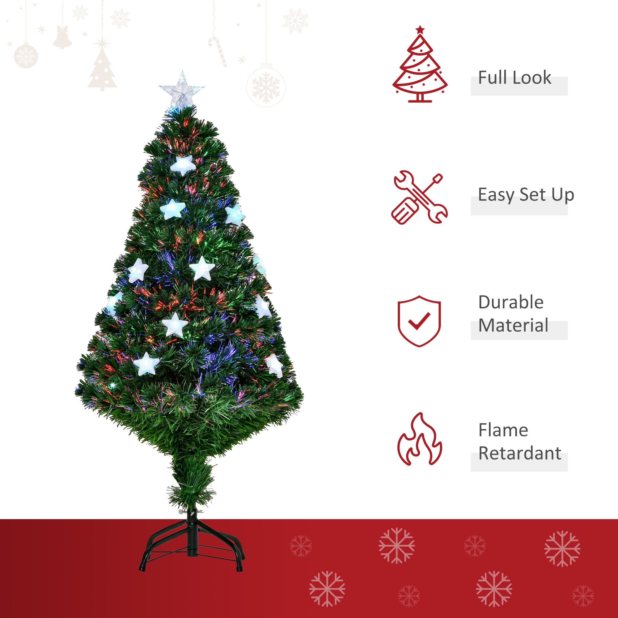 Kozy - 4FT Prelit Artificial Christmas Tree Fibre Optic Star LED Light Holiday Home Xmas Decoration with LED Light for Indoor Party, Green