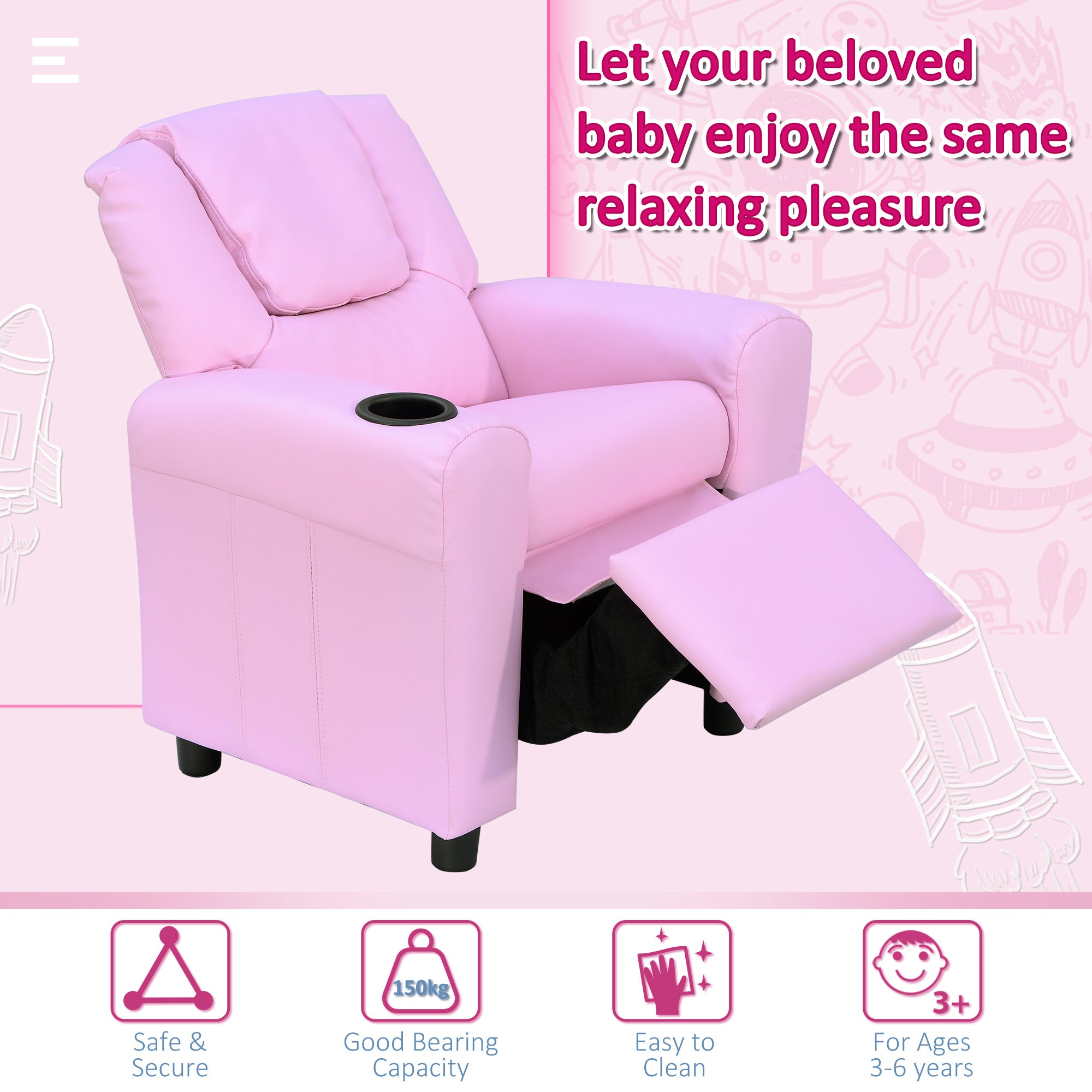 Kozy Kids Recliner Chair, PU Leather with Adjustable Backrest, Footrest, Padded Headrest, Pink