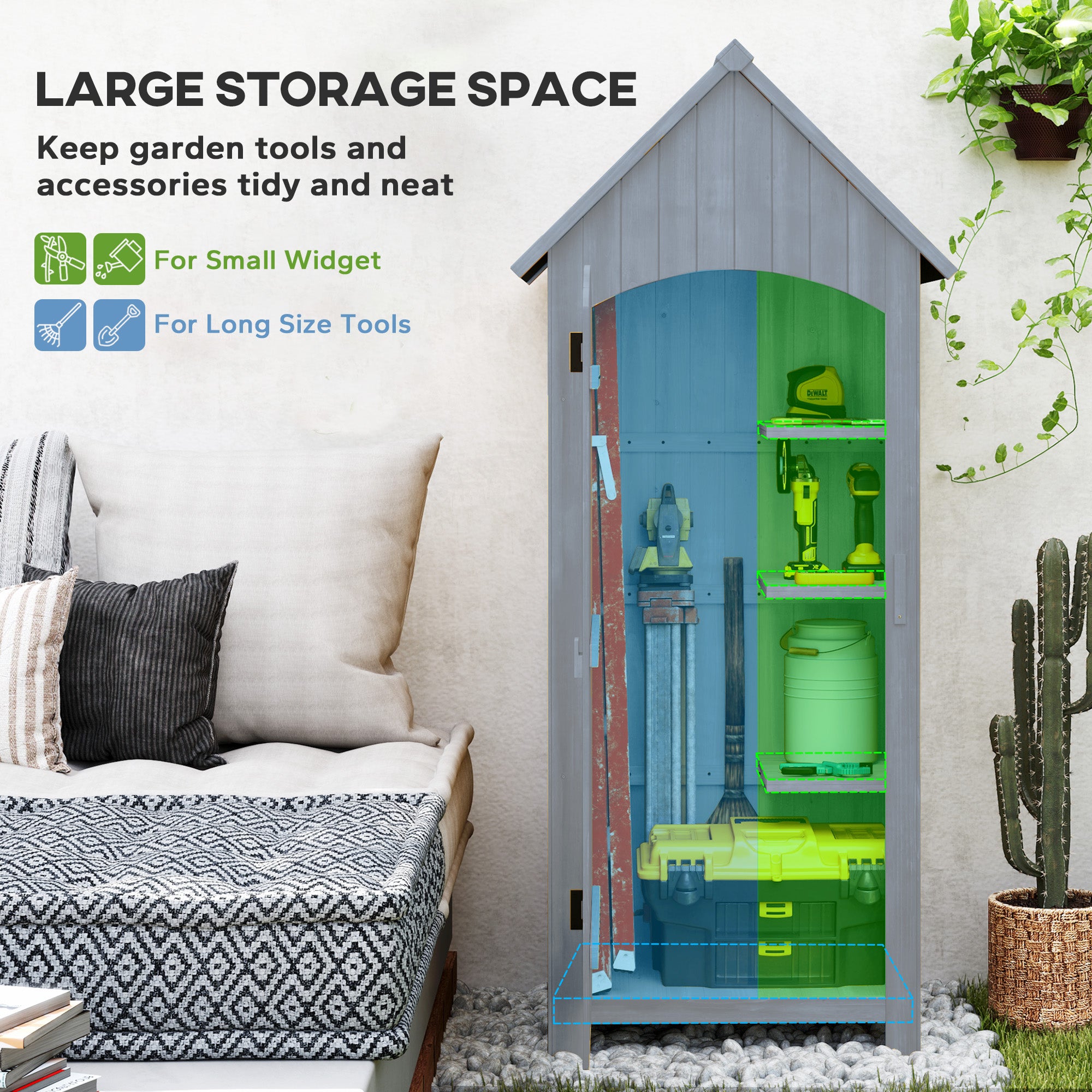 Kozy Wooden Garden Storage Shed with 3 Shelves, Outdoor Tool Storage Cabinet with Tilt Roof and Lockable Door, 77.5 x 54.2 x 179.5 cm, Grey