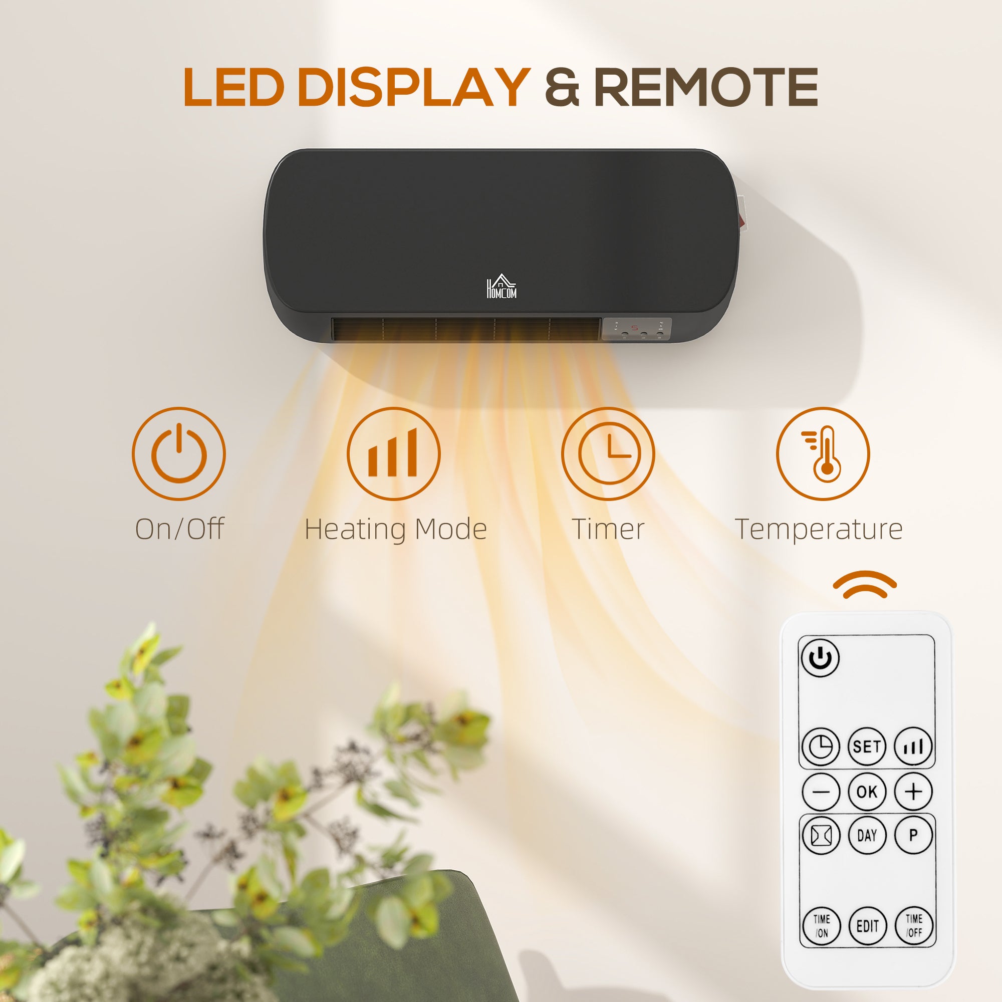 Kozy - 2000W Wall Mounted Ceramic Space Heater, 10-49°C Temperature, Black