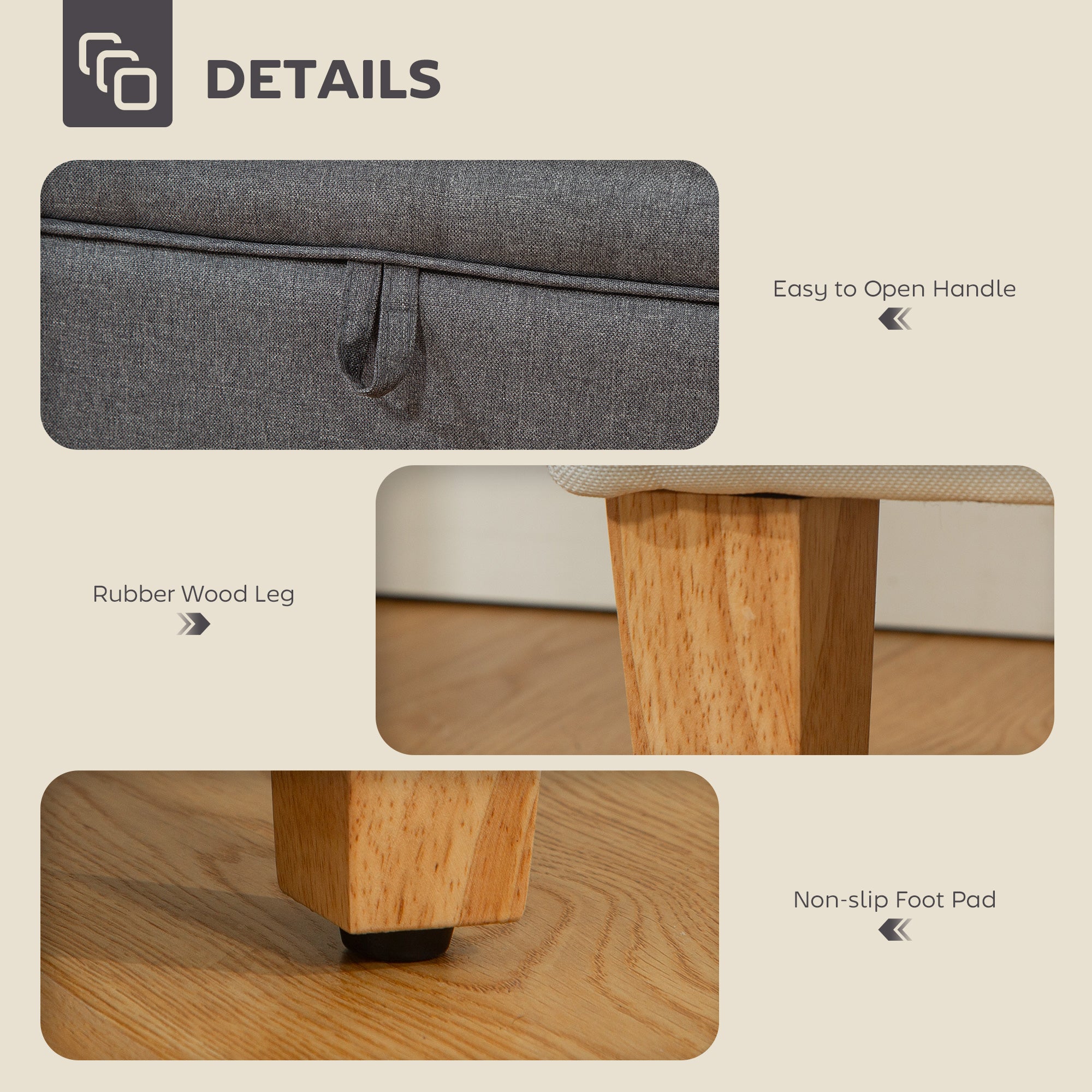 Kozy 16L Linen Storage Ottoman Padded Footstool with Rubberwood Legs for Storage Box, Bed End, Shoe Bench, Seating, Charcoal Grey