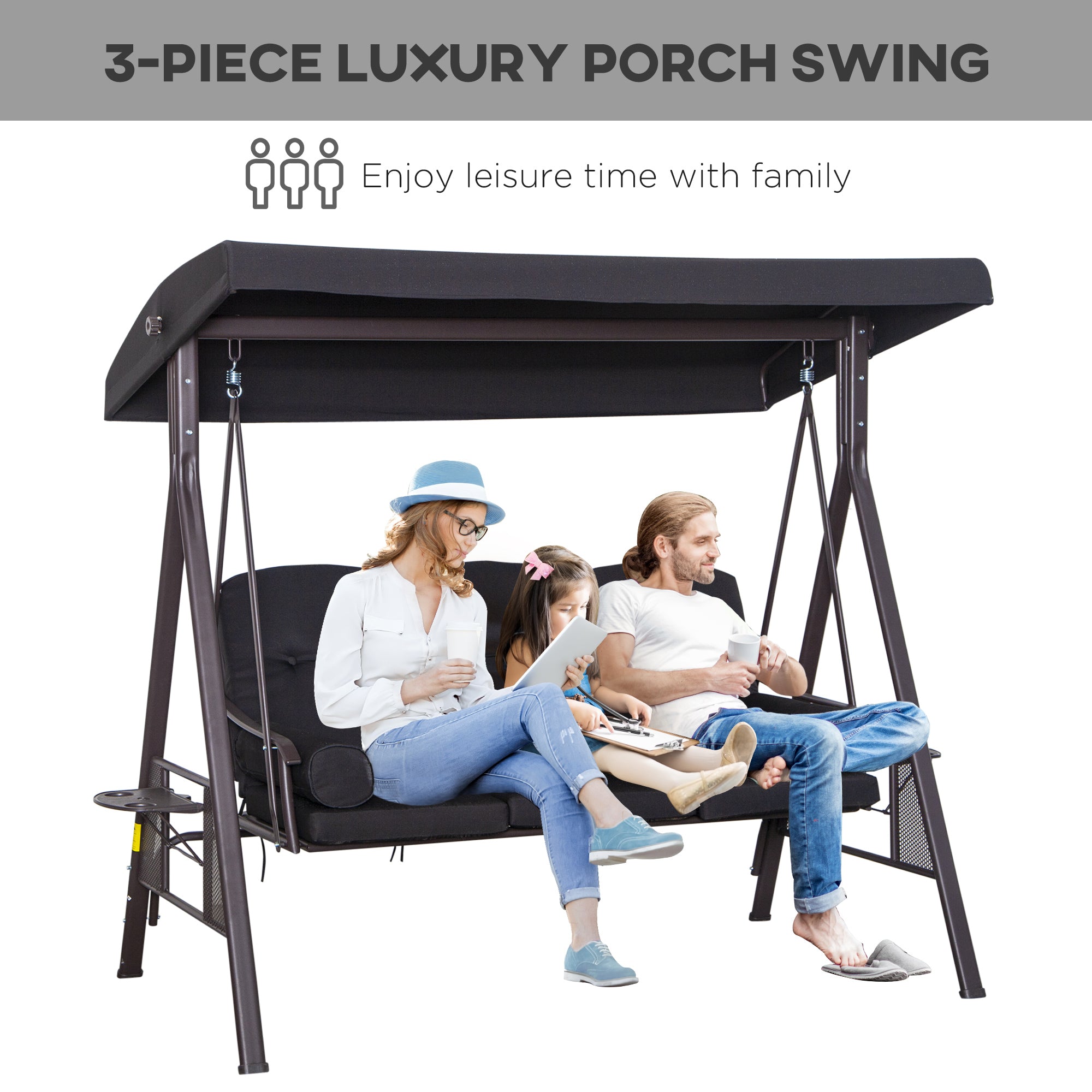 Kozy Swing Chair Hammock Chair 3 Seater Canopy Cushion Shelter Outdoor Bench Black