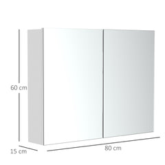 HOMCOM Wall Mounted Double Door Mirror Cabinet, Glass Storage Unit with Wooden Frame for Bathroom Organisation, 80L x 60H x 15D cm, White