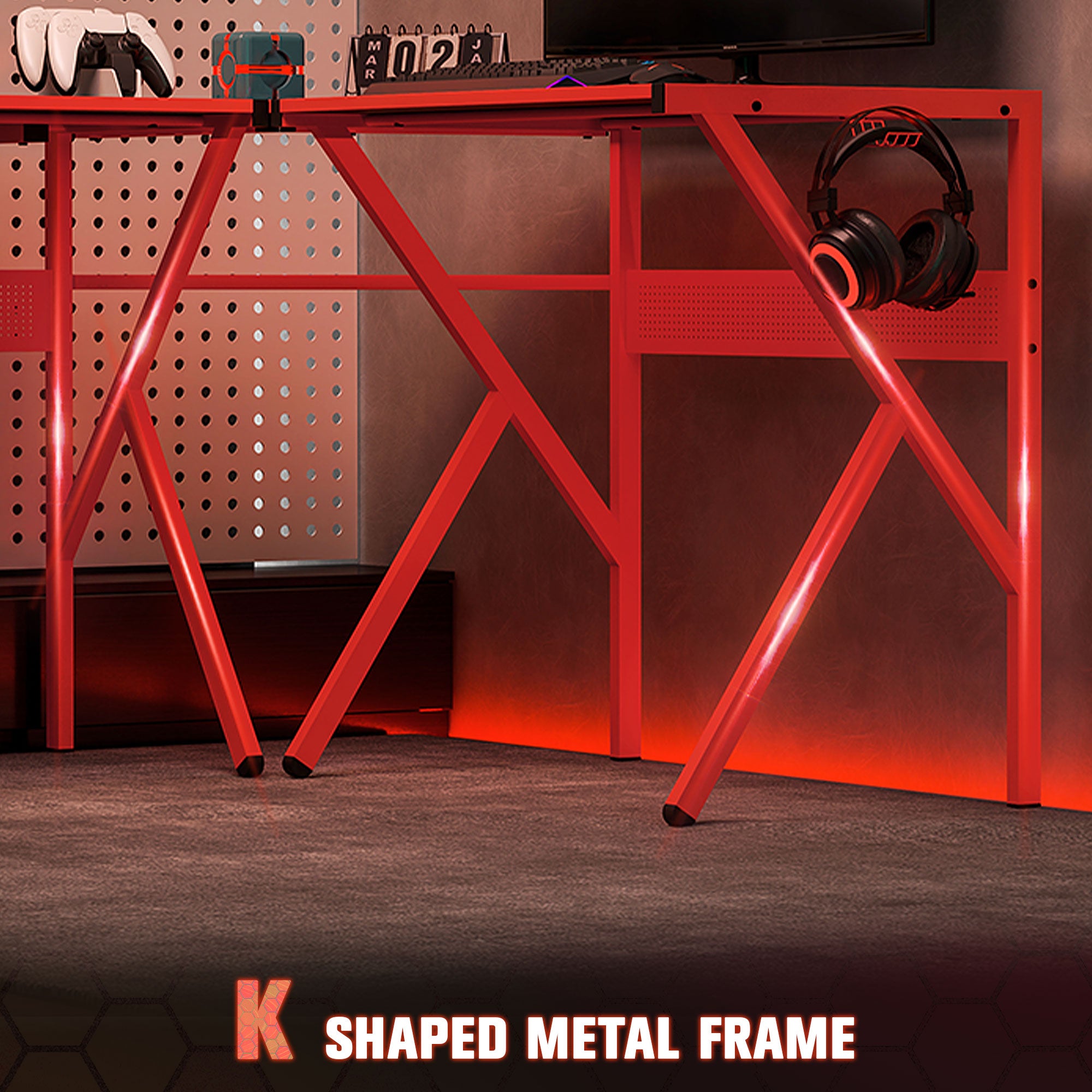 Kozy Gaming Desk L-Shaped Corner Computer Table for Home Office PC Workstations with Adjustable Monitor Stand Cup Holder Headphone Hook 125x125x75cm, Red