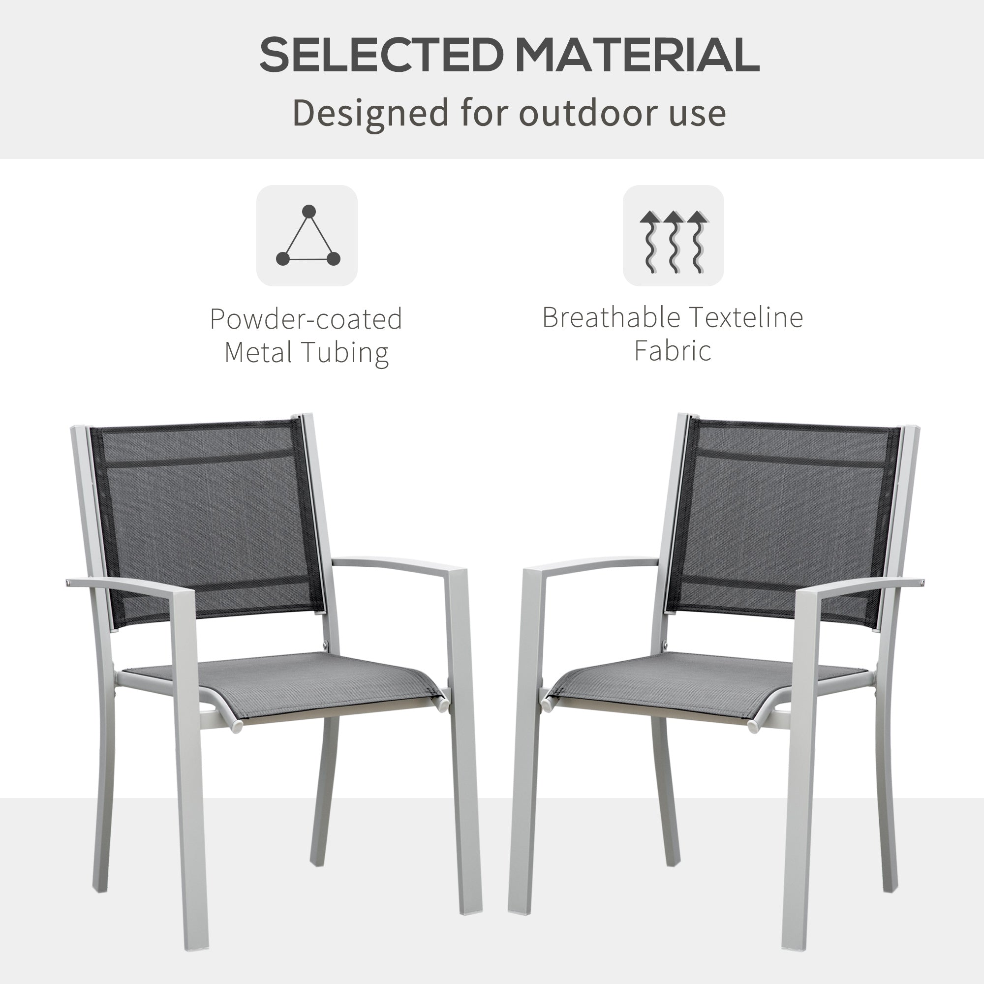 Outsunny Outdoor Chairs, Set of 2, Square Steel Frame, Texteline Seats, Foot Caps, Mesh, Boxy, Comfortable, Easy Clean, Black/Grey