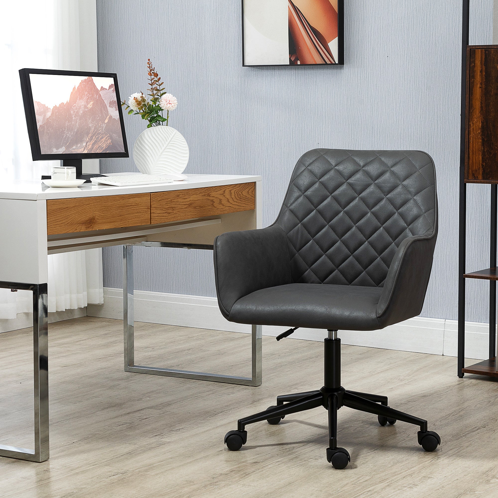 Kozy Office Desk Chair, Leather-Feel Fabric Computer Swivel Chair with Rolling Wheels and Adjustable Height for Home, Grey