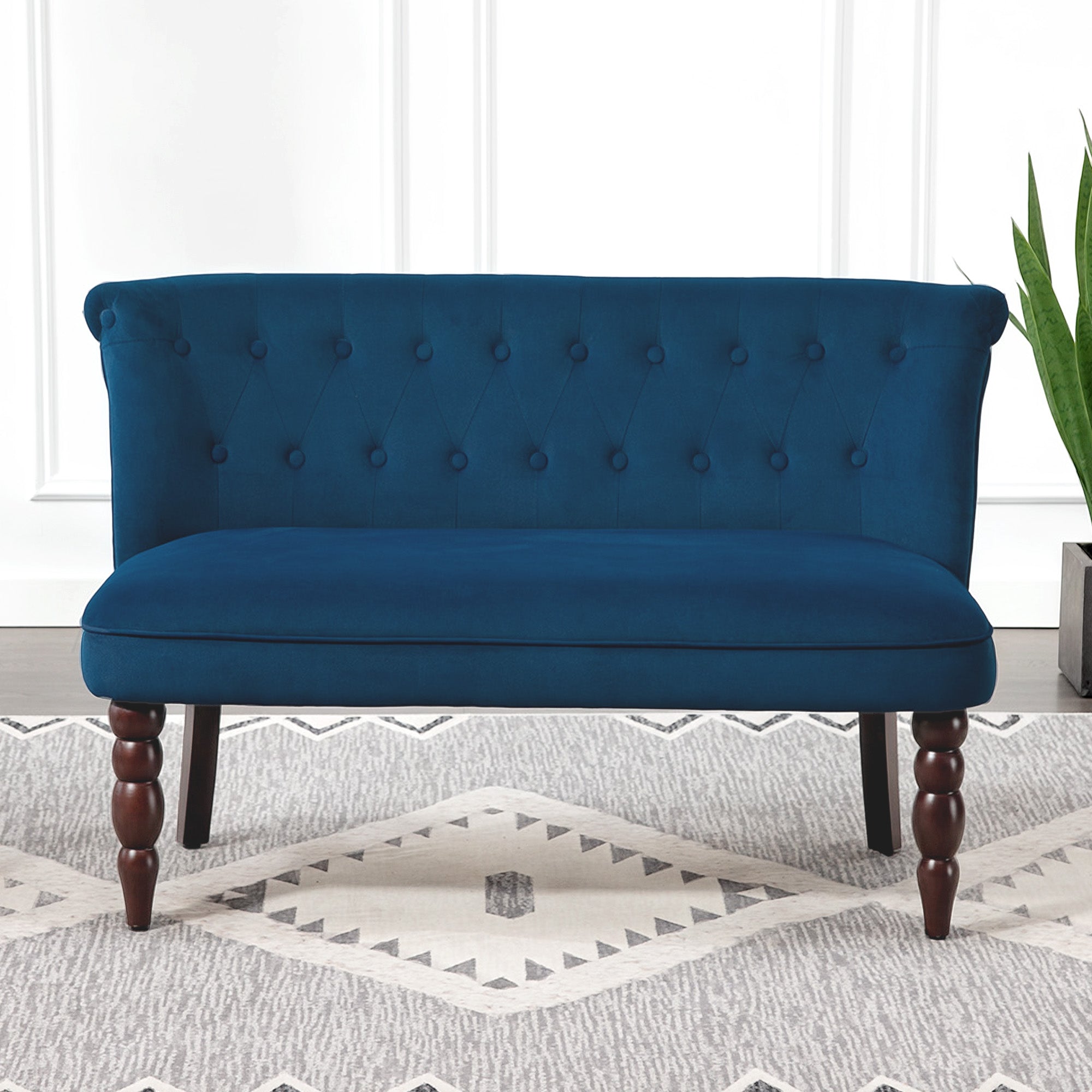 Kozy - Velvet 2 Seater Sofa, Button Tufted Wingback Loveseat with Rubber Wood Legs for Living Room, Bedroom, Dark Blue