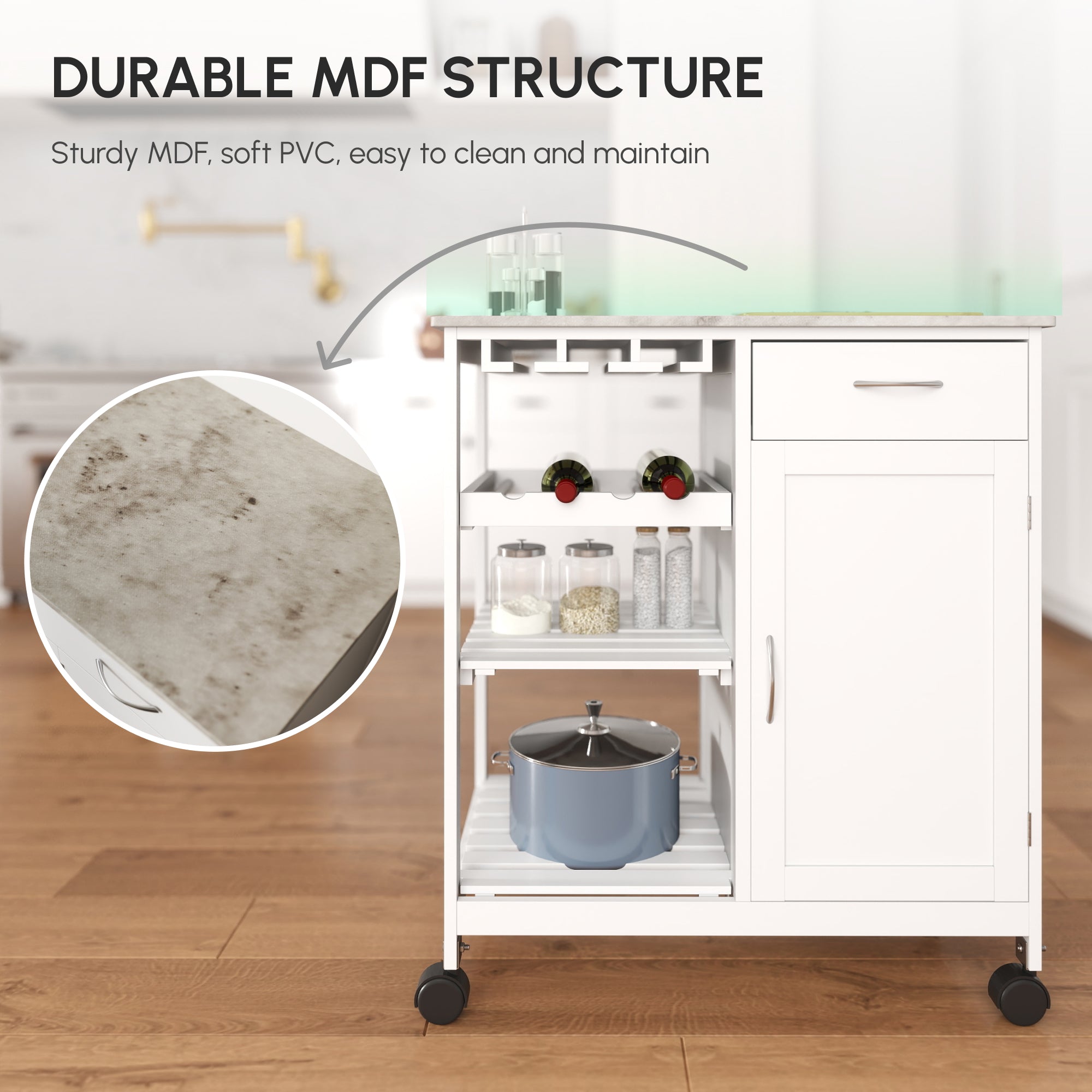 Kozy Compact Kitchen Trolley Utility Cart on Wheels with Wine Rack, Drawer, Open Shelf and Storage Cabinet for Dining Room, White