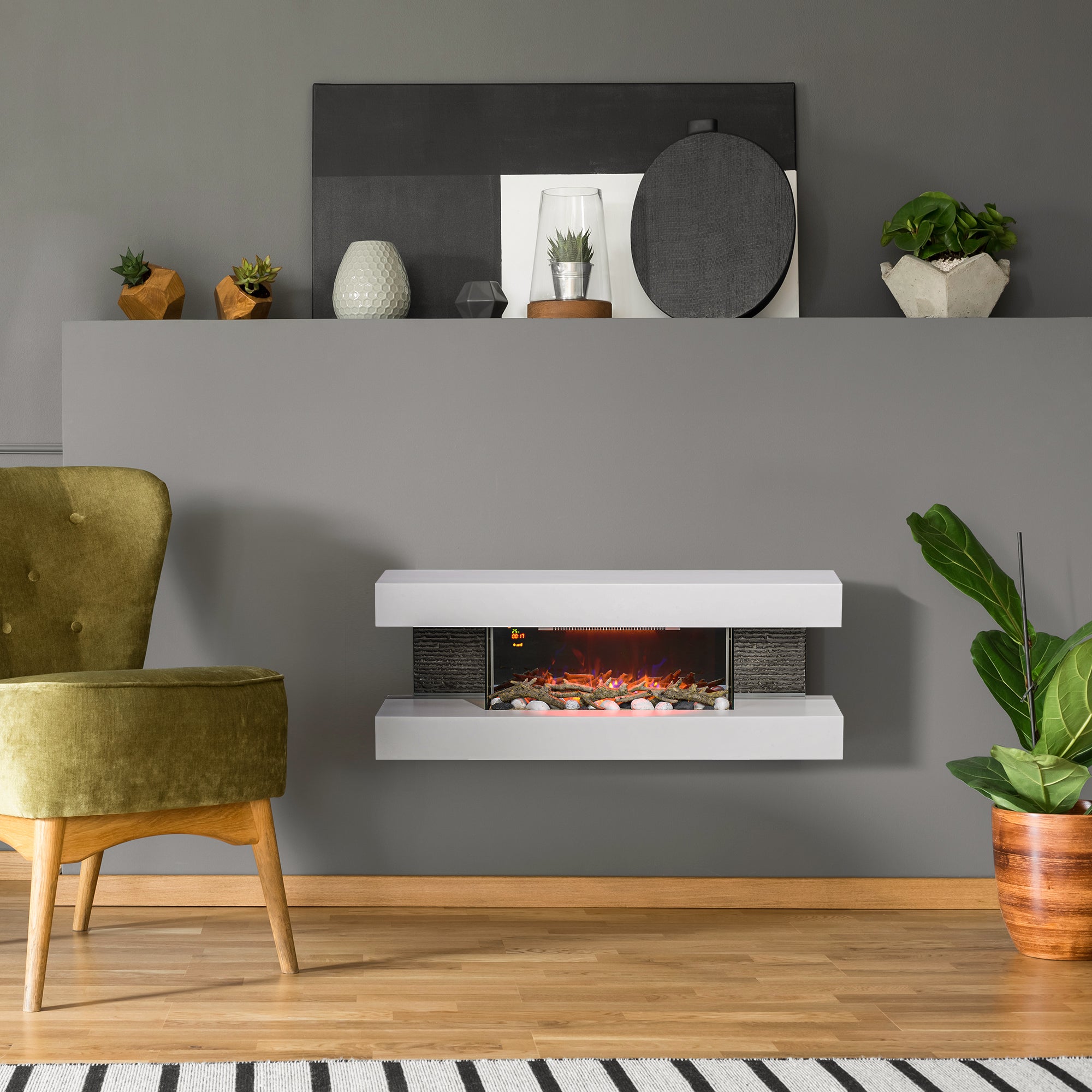 Kozy - 47inch / 120cm Electric Fireplace Wall Mounted, Freestanding, Glass Electric Fire Suite with Mantel, Adjustable LED Flame Effect and Temperature, Log, Pebble, Remote Control, 2000W, White