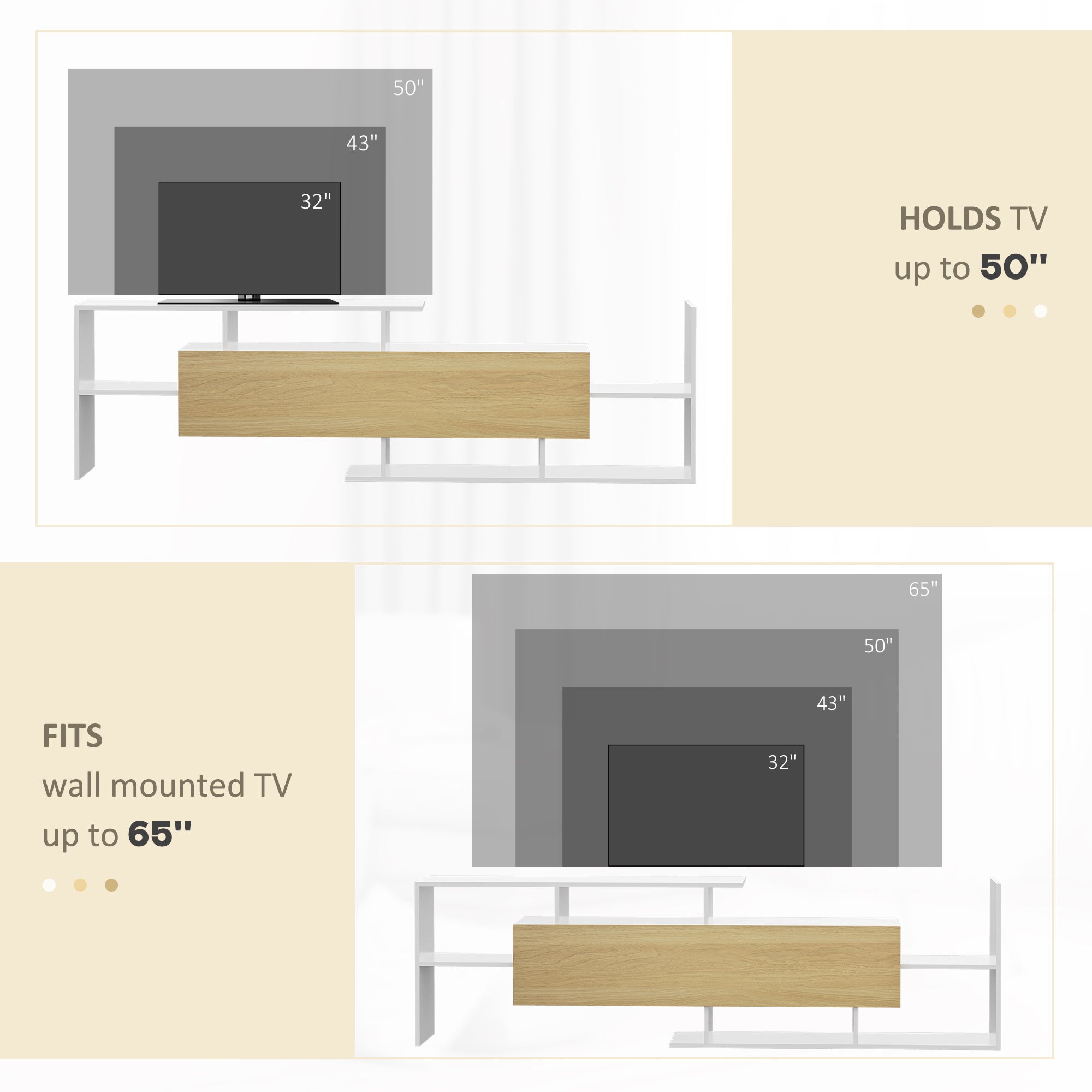 Kozy TV Cabinet with Wall Shelf for Wall-Mounted 65" TVs or Standing 40" TVs - White and Natural
