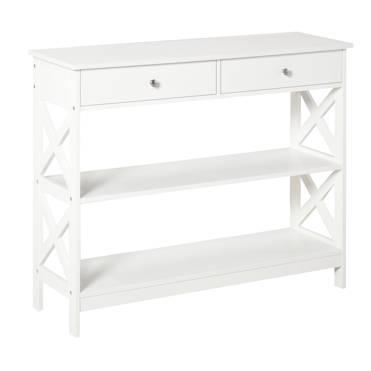 Kozy Console Table Side Desk w/ Shelves Drawers Open Top X Support Frame Living Room Hallway Home Office Furniture White