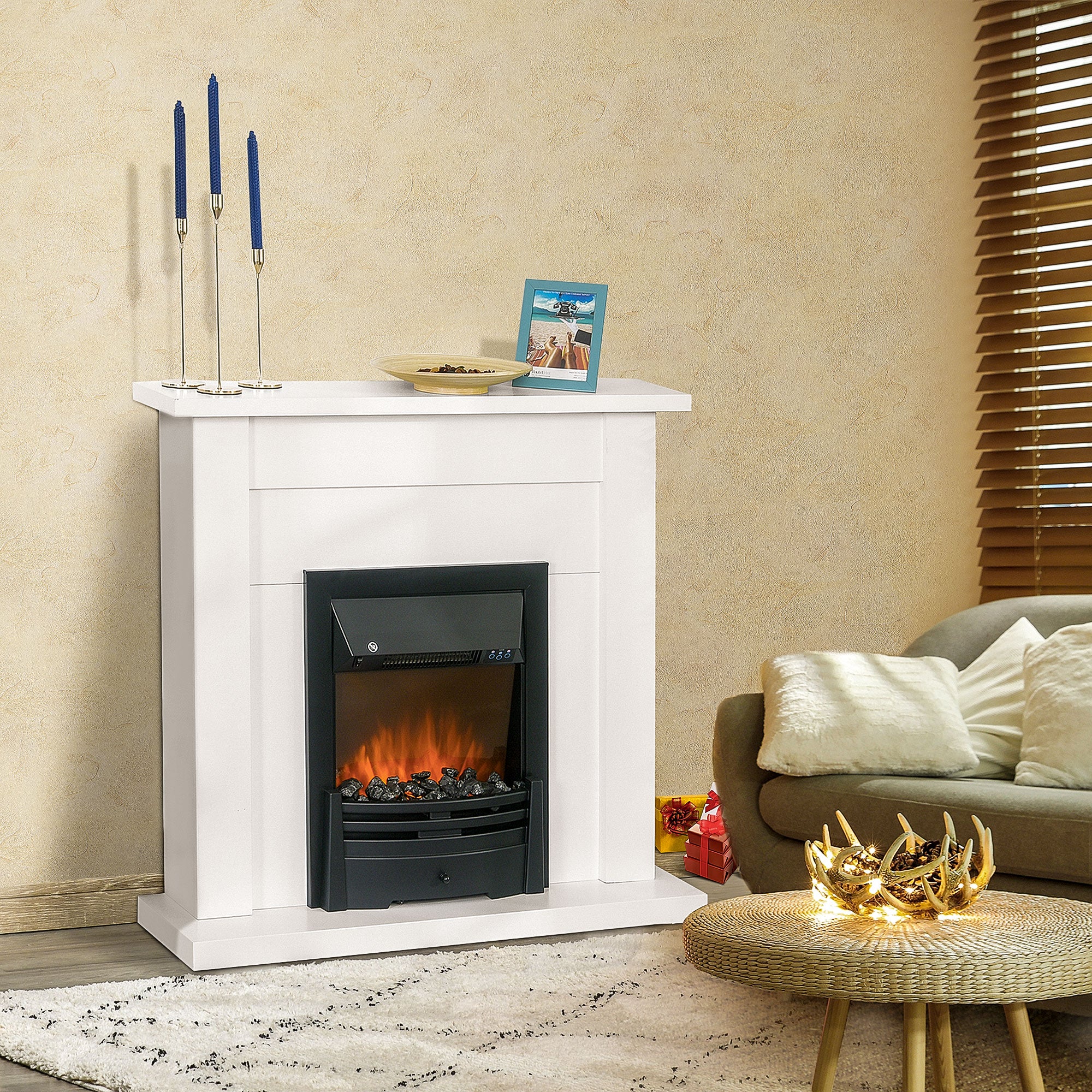 Kozy - Electric Firplace Suites & Mantelpiece w/LED Flames Remote Marble Stone Modern Curved Surround Intelligent Safe Tempered Glass Adjustable Thermal 1000W/2000W