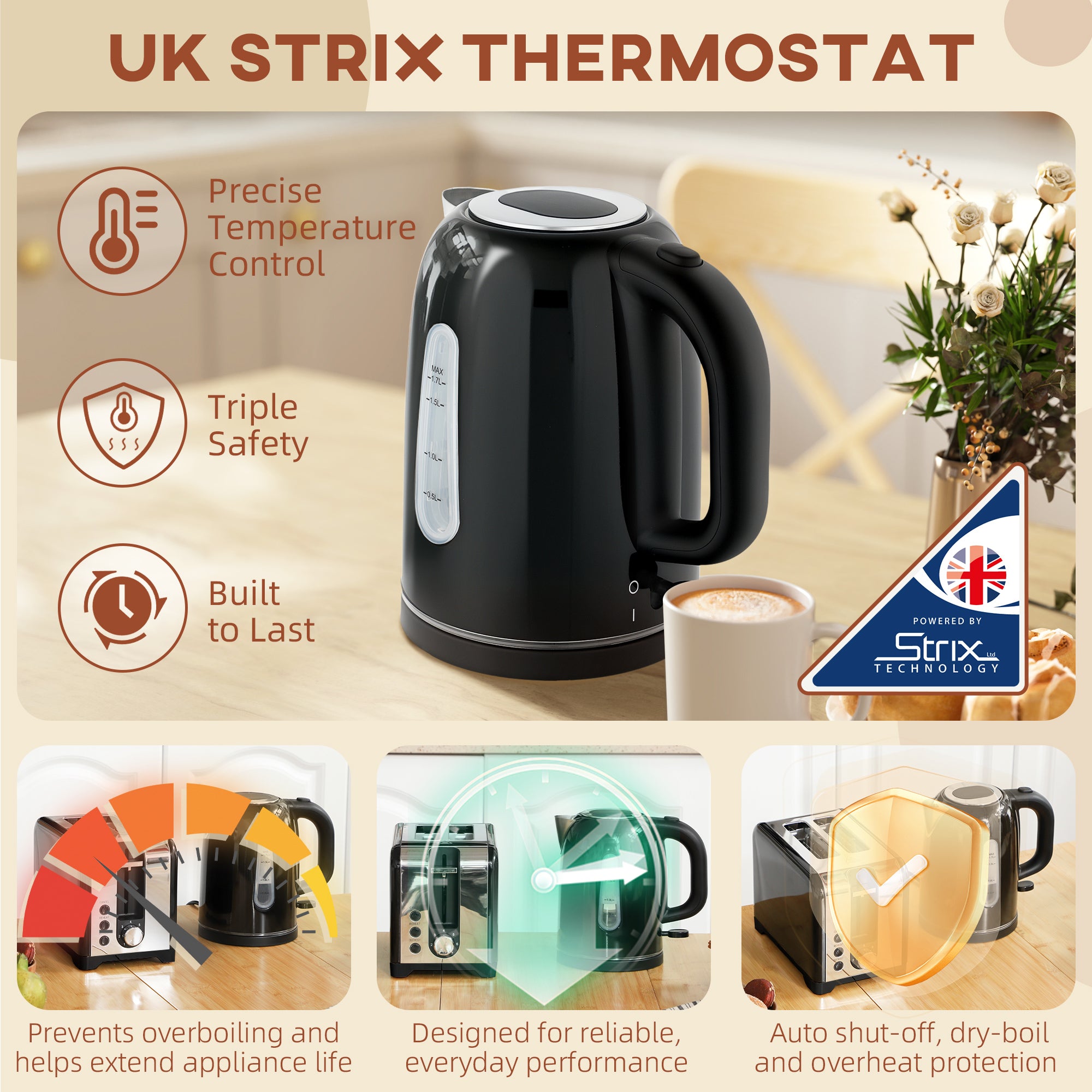 Kozy - Simple Polished Toaster and Kettle Set - Black