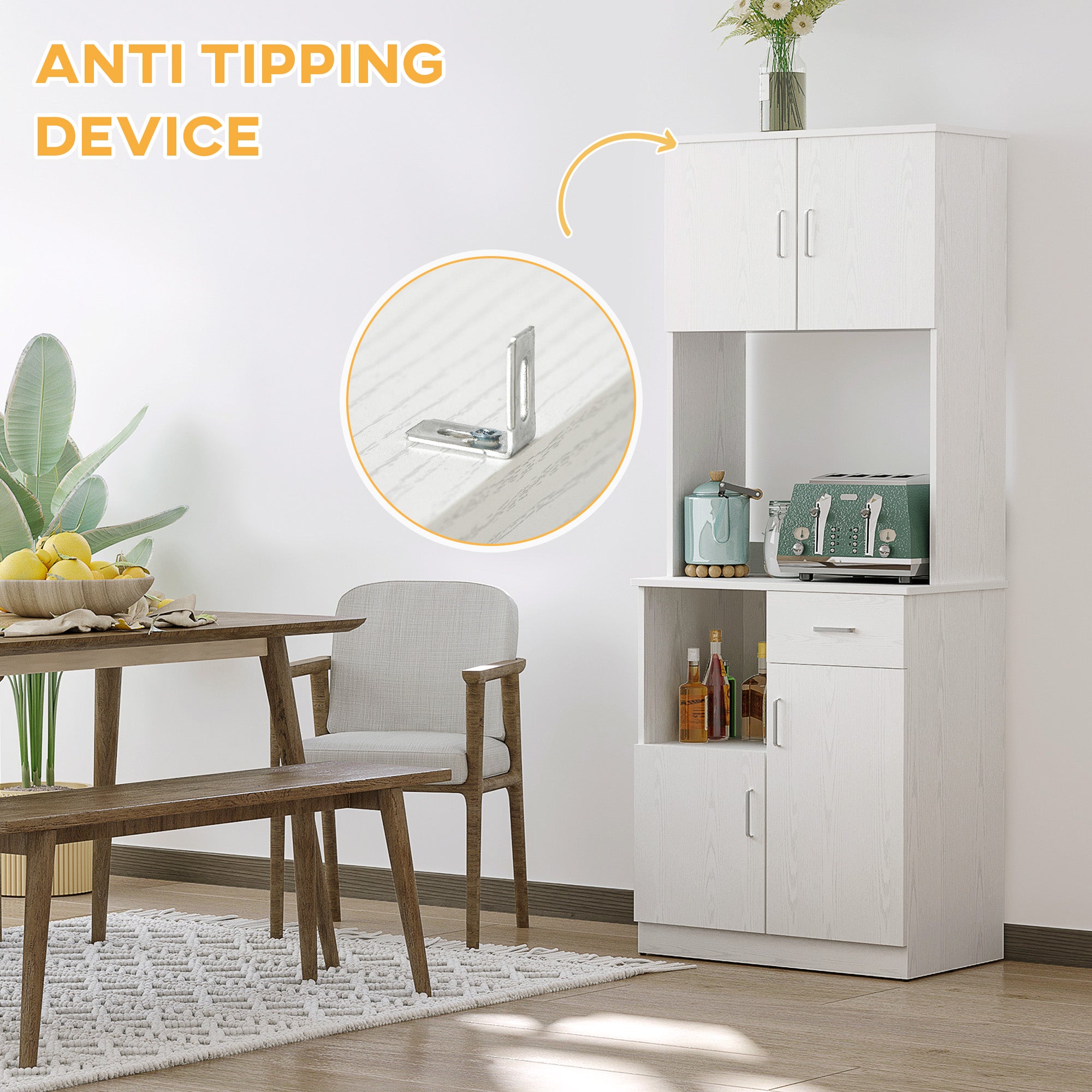 Kozy Tall Kitchen Cupboard, Kitchen Cabinet with Doors, Shelves, Drawer and Open Countertop, Storage Cabinet for Living Room, Dining Room, White