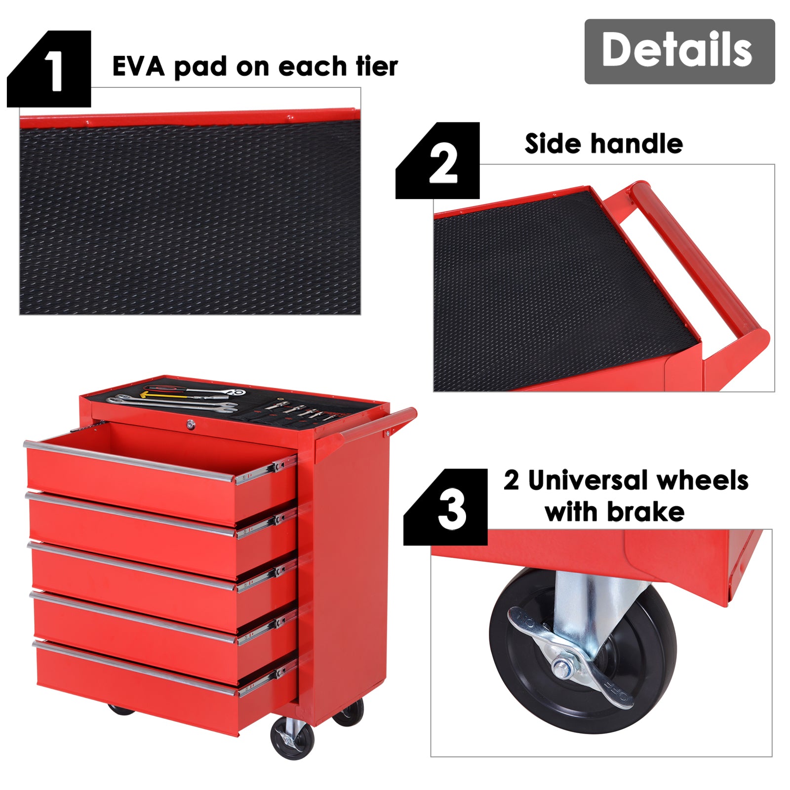 Kozy 5-Drawer Tool Box on Wheels 150KG Load Tool Storage Cabinet with EVA Pad, Red
