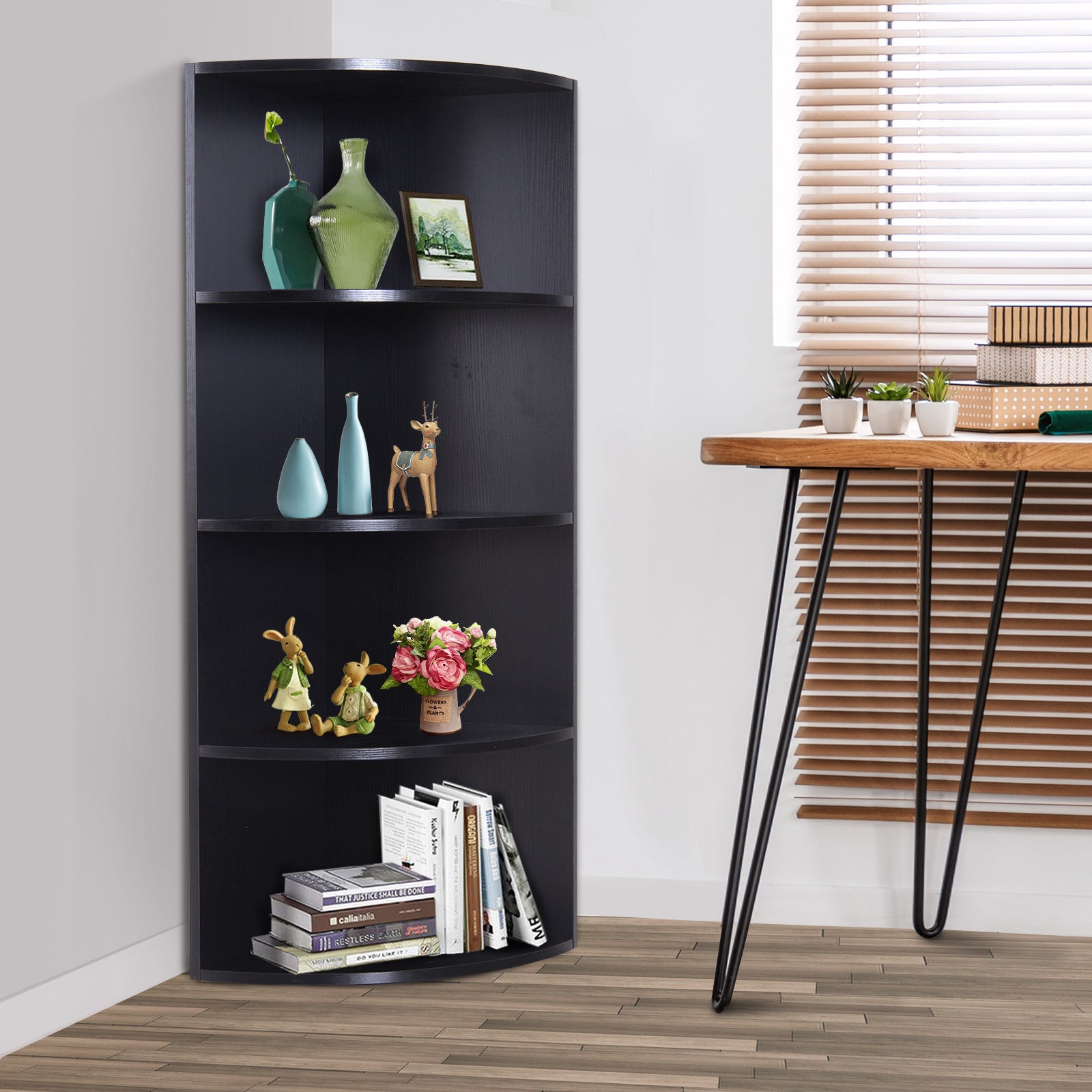 Kozy 4-Tier Corner Open Shelf Bookcase Freestanding Fan Bookshelf Plants Stand, 40x40x120cm, Black