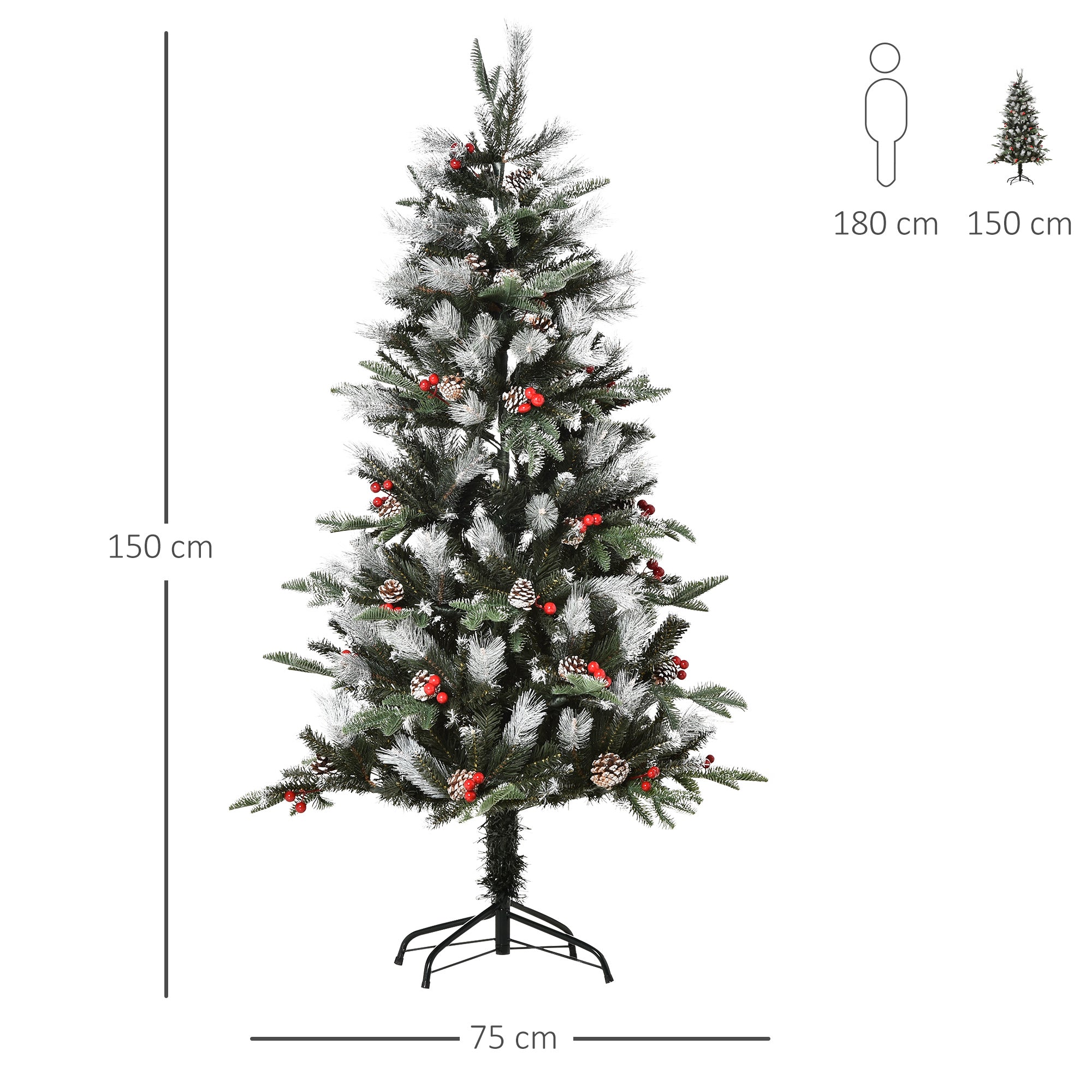Kozy 5FT Artificial Snow Dipped Christmas Tree Xmas Pencil Tree Holiday Home Party Decoration with Foldable Feet Red Berries White Pinecones, Green