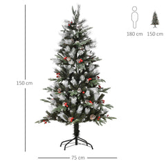 Kozy 5FT Artificial Snow Dipped Christmas Tree Xmas Pencil Tree Holiday Home Party Decoration with Foldable Feet Red Berries White Pinecones, Green
