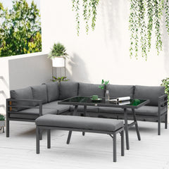 Kozy 4 Piece L-shaped Garden Furniture Set 8-Seater Aluminium Outdoor Dining Set Conversation Sofa Set w/ Bench, Dining Table & Cushions, Grey