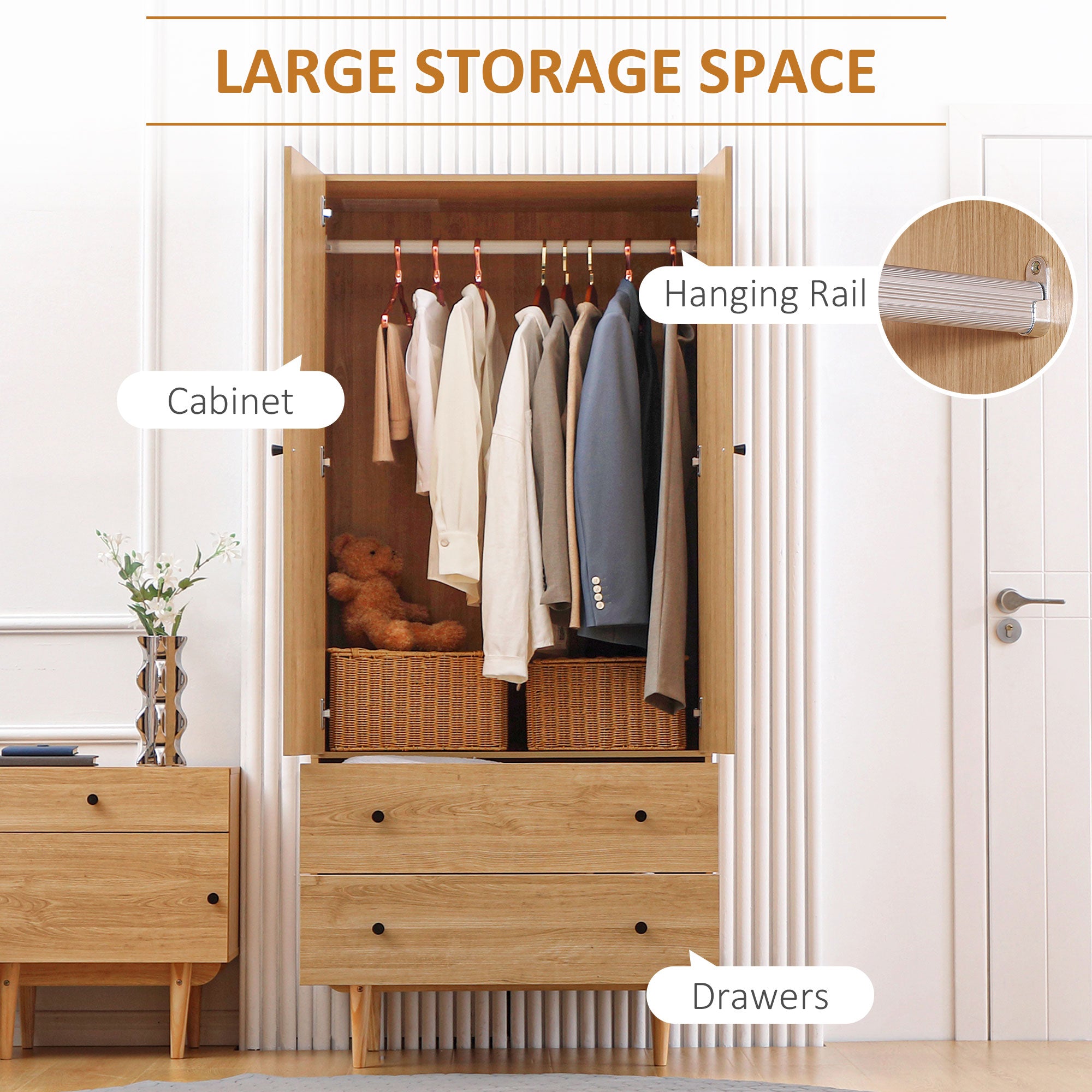 Kozy Wardrobe with 2 Doors, 2 Drawers, Hanging Rail for Bedroom Clothes Storage Organiser, 80x52x180cm, Natural Tone