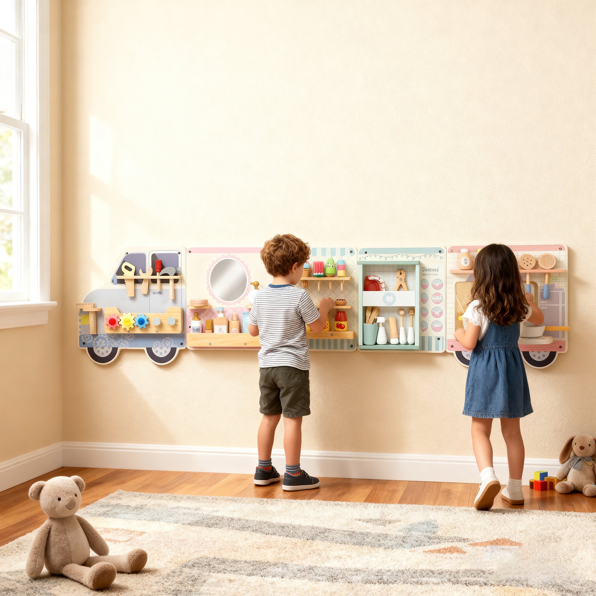 Kozy Wooden Busy Board, 5 in 1 Activity Wall Panels for Kids 3+ Years, for Daycare, Playroom, Home