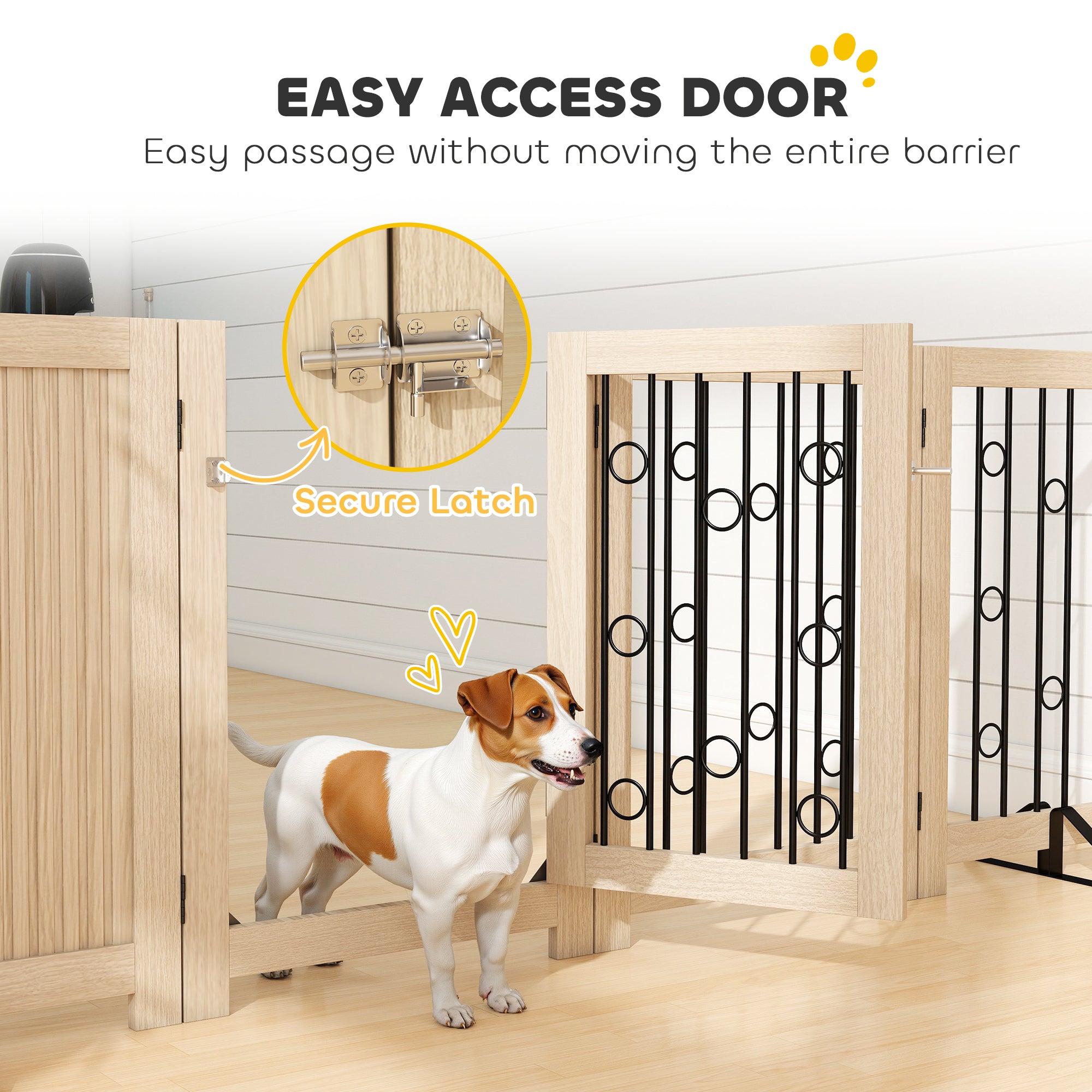 Kozy 4 Panel Freestanding Pet Gate, Indoor Dog Barrier with Lockable Door, Support Feet, 360° Flexible Hinges, Oak