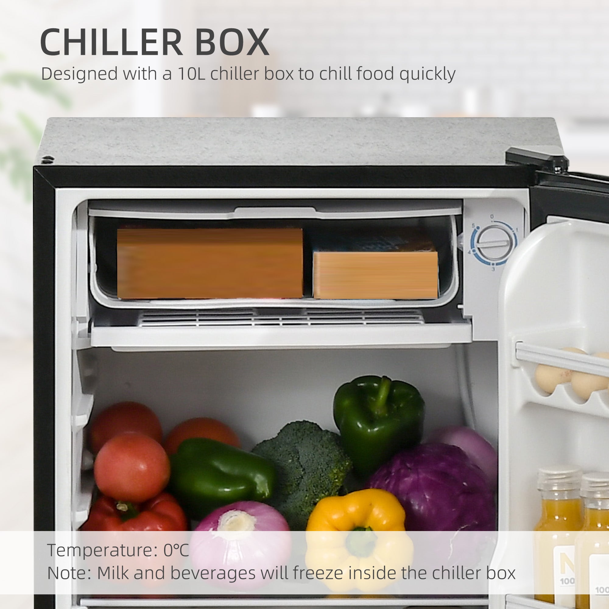 Kozy Under Counter Fridge, 91L Small Fridge with Chiller Box, Removable Shelf, Reversible Door, Adjustable Legs, Mini Refrigerator, Black