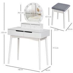 HOMCOM Dressing Table Set with LED with Table Stool Table Stool Set Makeup Dresser Desk with 4 Drawers for Bedroom White