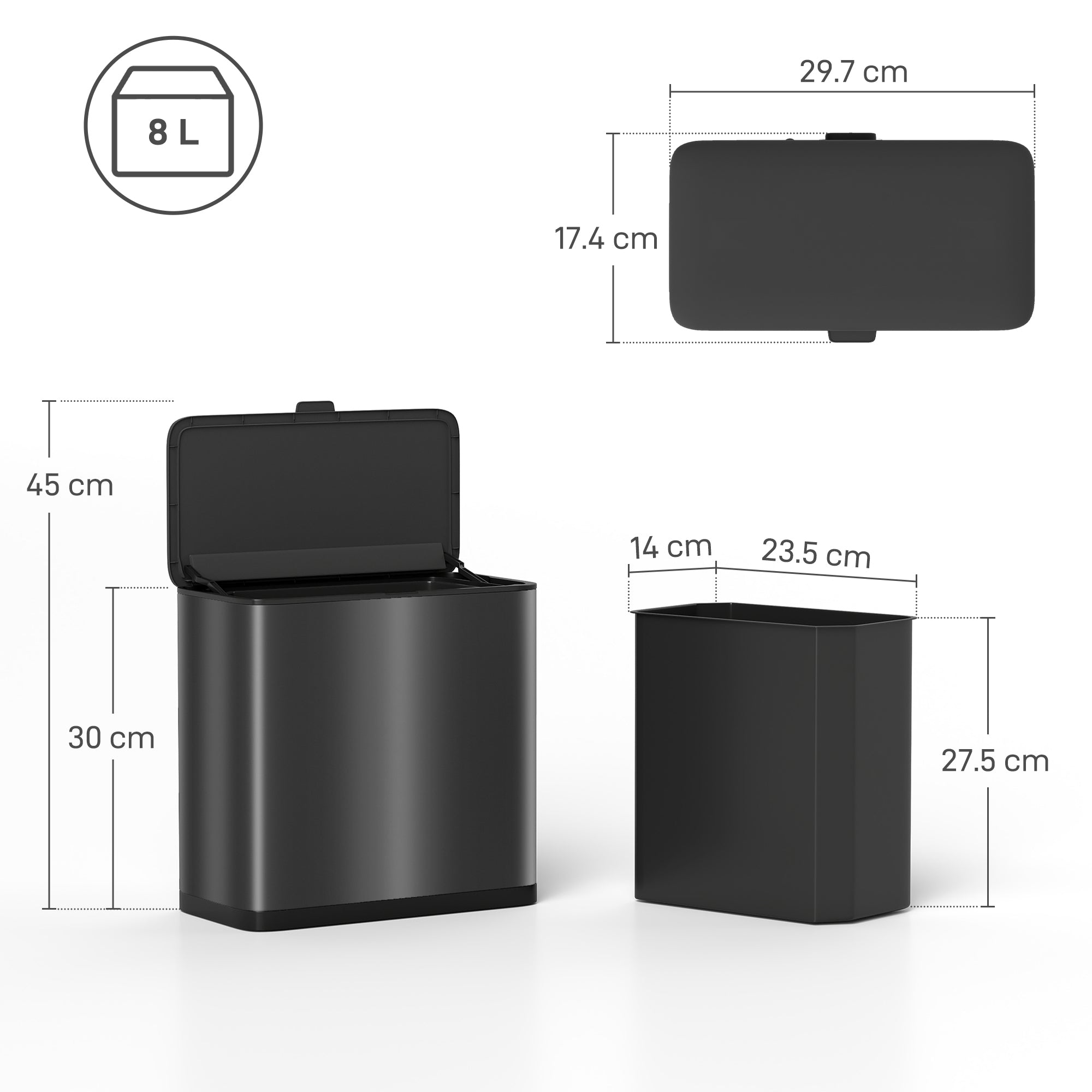 Kozy 8L Hanging Kitchen Bin, Rubbish bin with Lid and Removable Inner Bucket for Kitchen Cabinet Door, Under Sink, Office