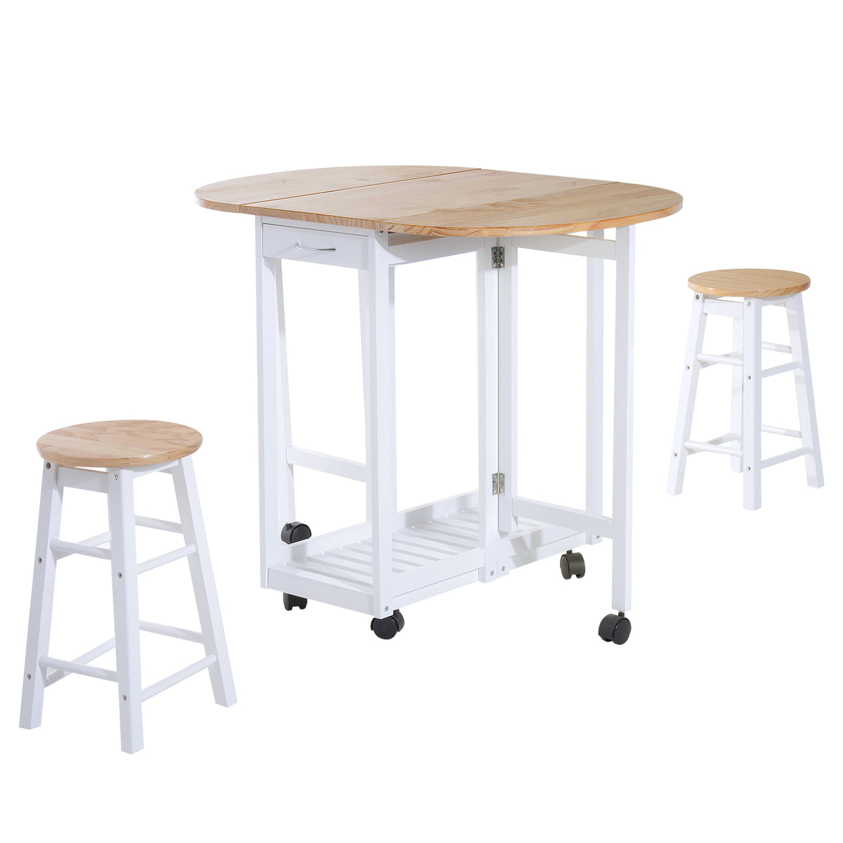 Kozy 3 Pieces Dining Room Set, Mobile Foldable Dining Table and 2 Stools with Storage Shelf, 2 Drawers and 6 Wheels, Drop Leaf Bar Table and Stools for Home Kitchen Pub, White