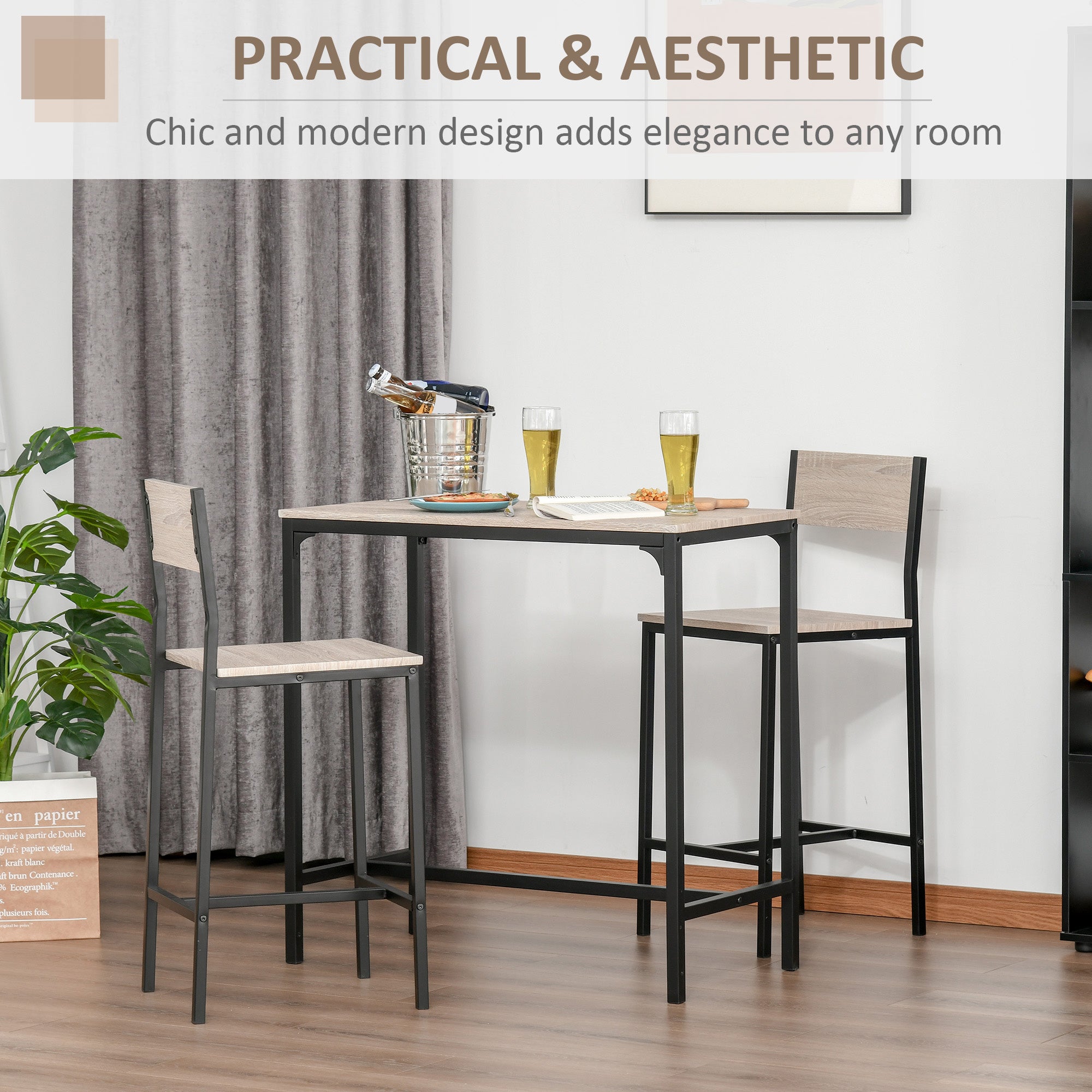 HOMCOM 3 Pcs Table Stool Set Industrial Design w/ Metal Frame Oak Tone MDF Panels Minimal Compact Beautiful