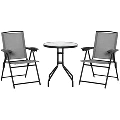 Kozy 3 Piece Outdoor Bistro Set, Patio Conversation Furniture Set with 2 Folding Backrest Adjustable Armchairs and Glass Top Coffee Table, Grey