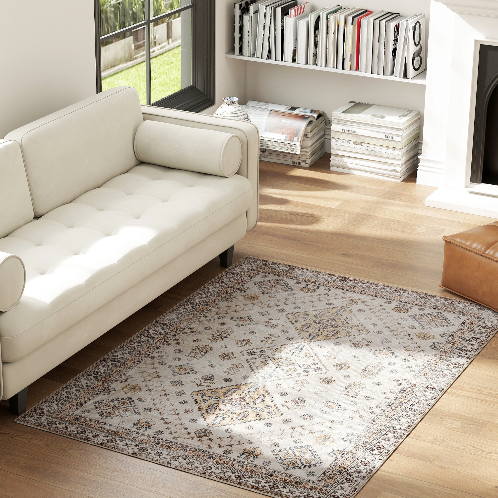 Kozy - Vintage Area Rug, Non-Slip Washable Rug, Flannel Floor Carpet for Living Room, Bedroom, Dining Room, Home Office, 170 x 120 cm, Beige