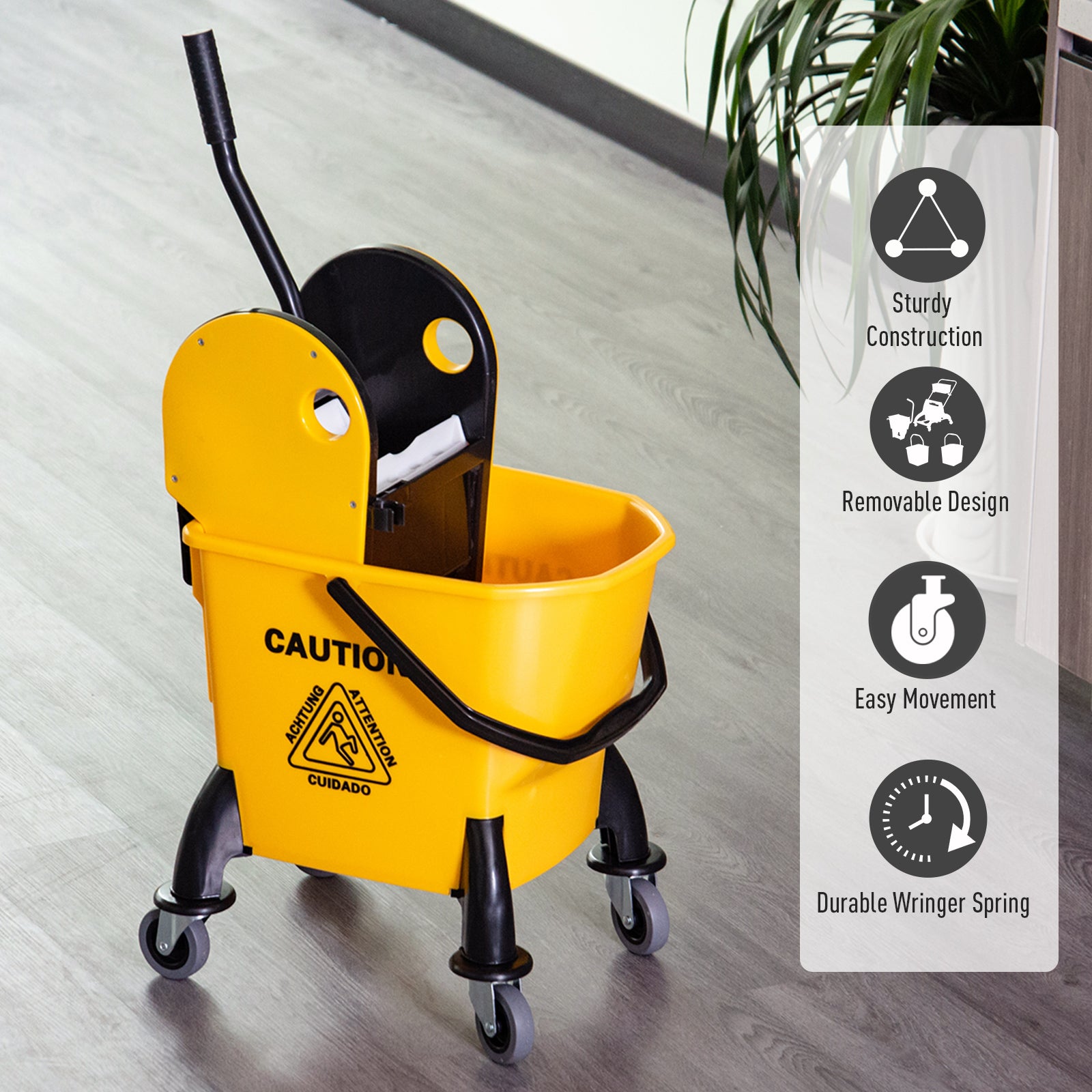 HOMCOM 26L Mop Bucket & Water Wringer w/ 4 Wheels Plastic Body Metal Handle Pole Holder Home Commercial Cleaning Floor Cart Yellow