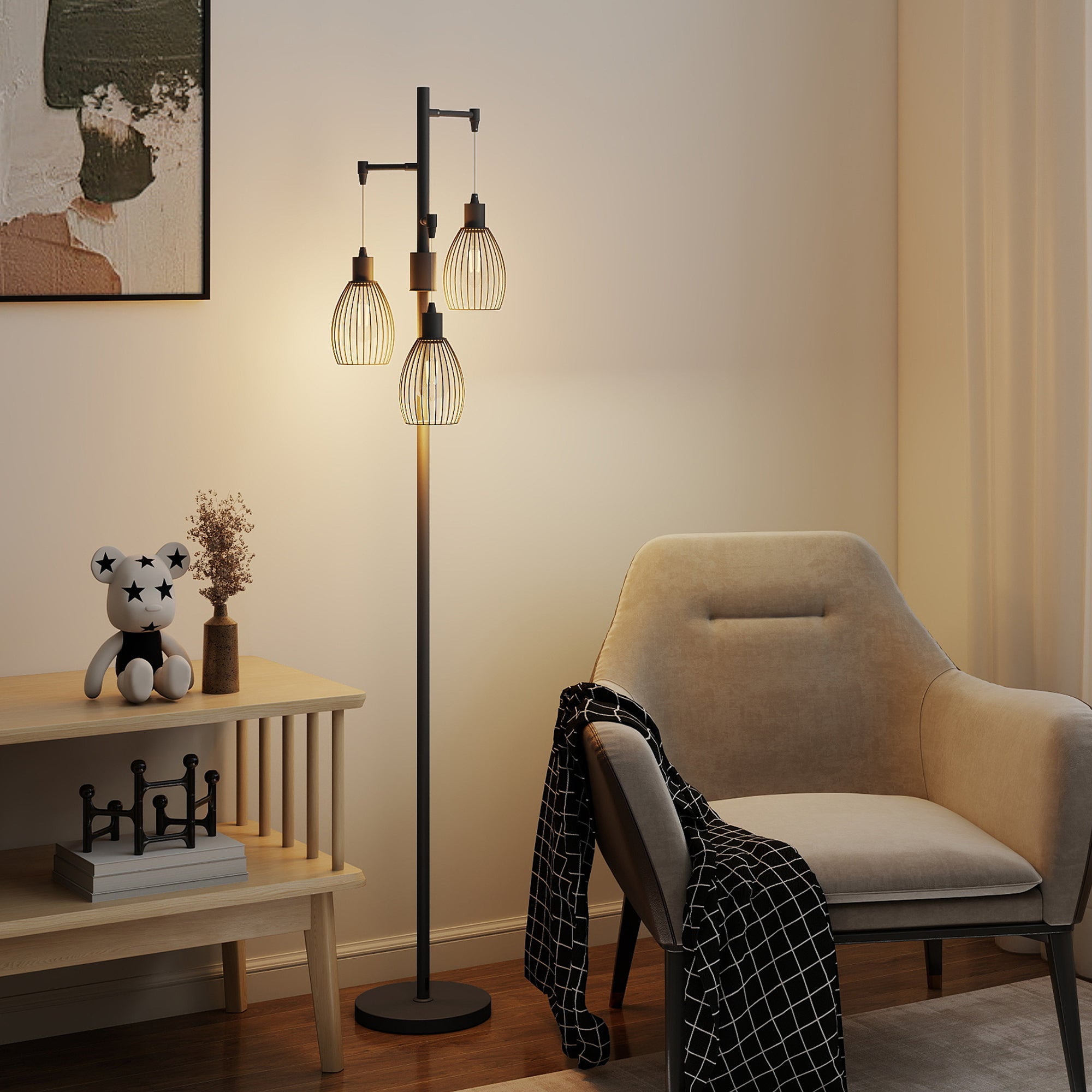 Kozy - 3-Light LED Floor Lamp, 170cm Industrial Dimmable Standing Lamp with Steel Wire Cage Lampshades, 2700K for Living Room, Bedroom, Dining Room, Study, Black