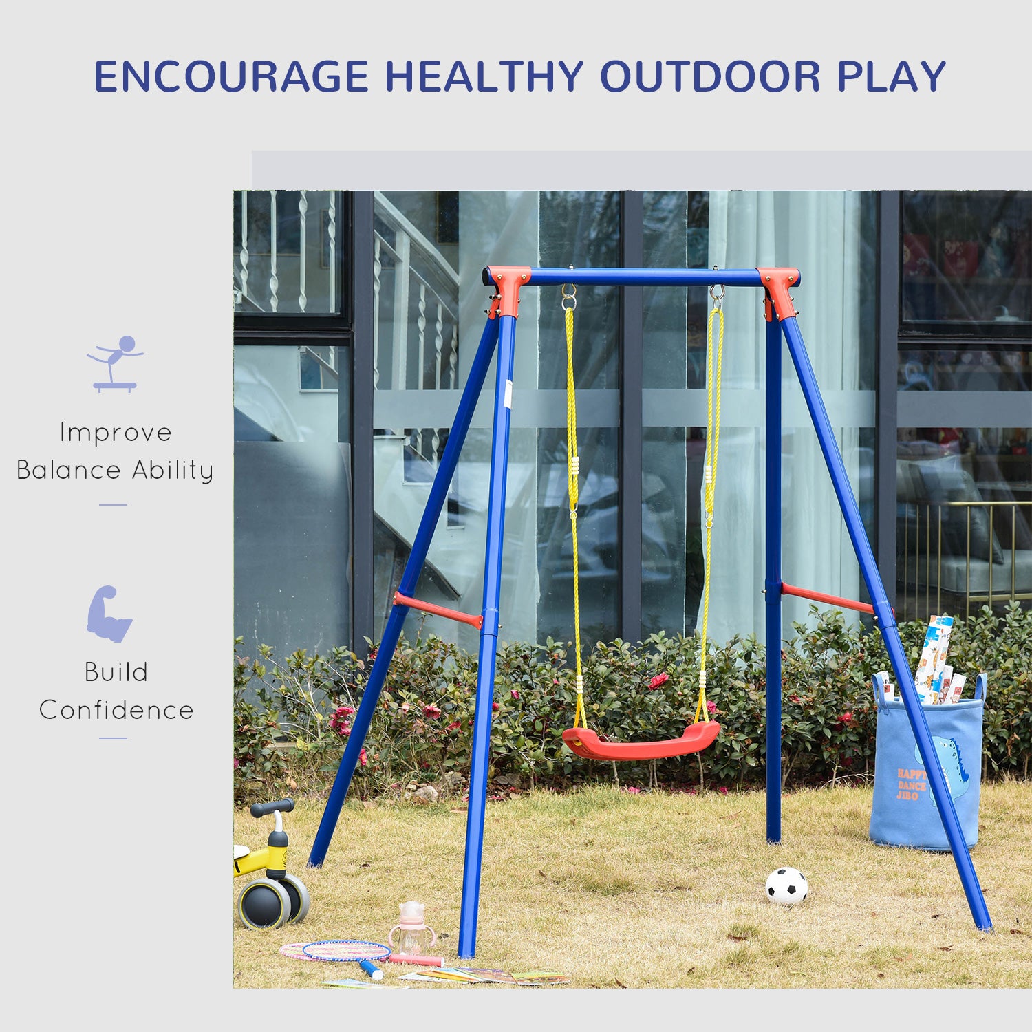 Kozy Kids Swing Set Toddler Swing Adjustable Rope Heavy Duty A-Frame Stand Outdoor Playset for 3-8 Years Old Blue
